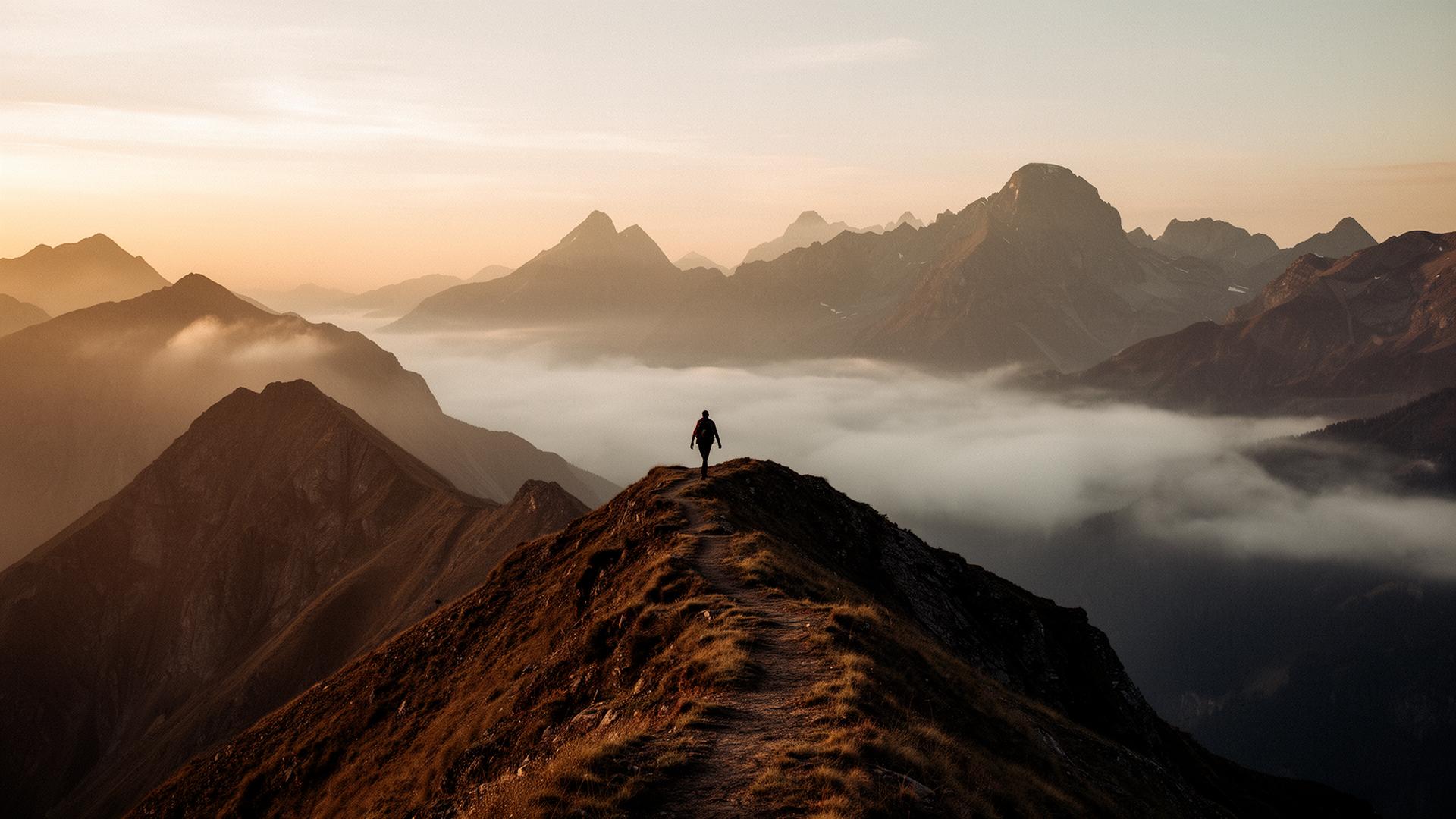 Lone figure walking a ridgeline at dawn