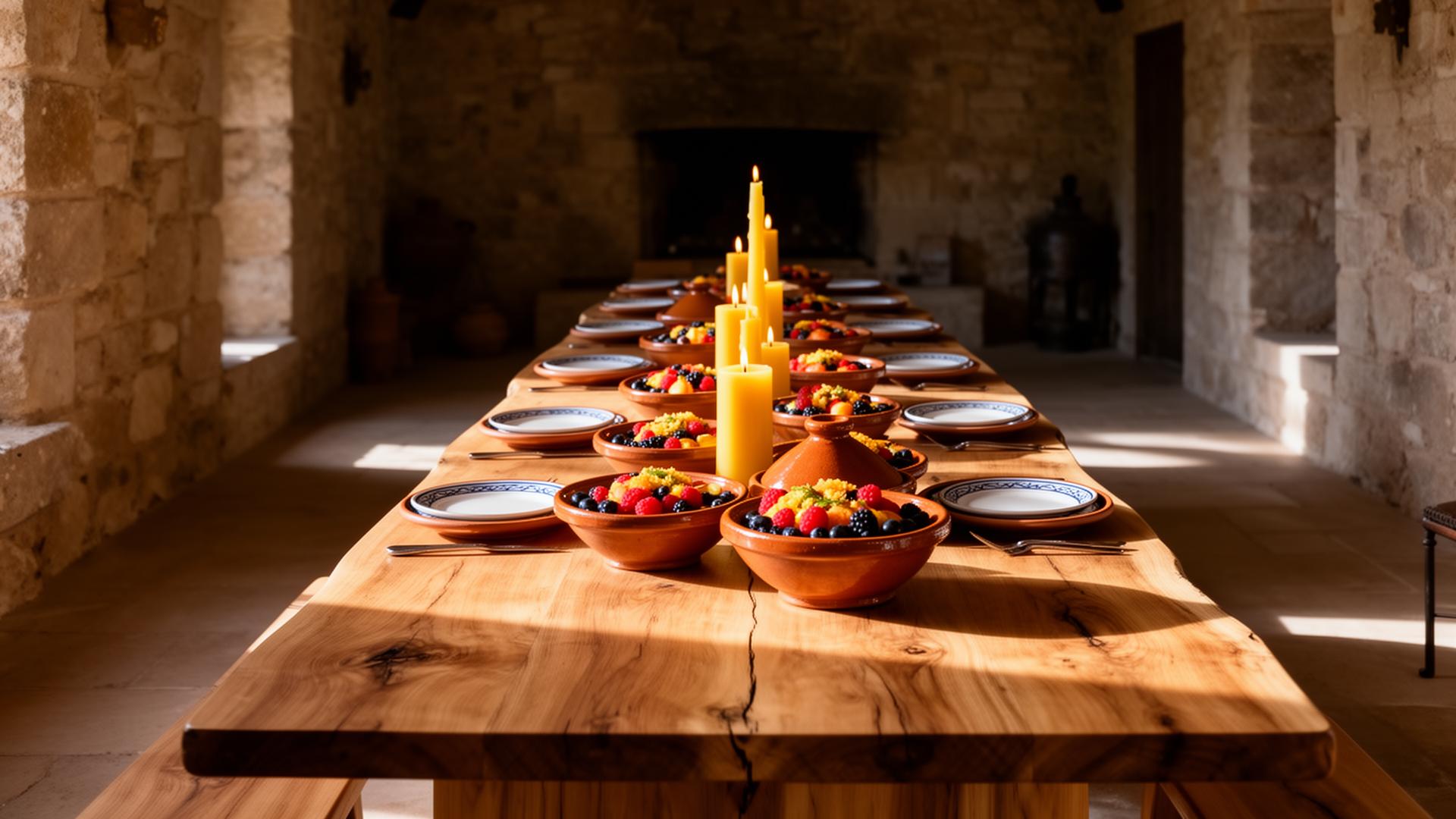 Long oak table set with tagines