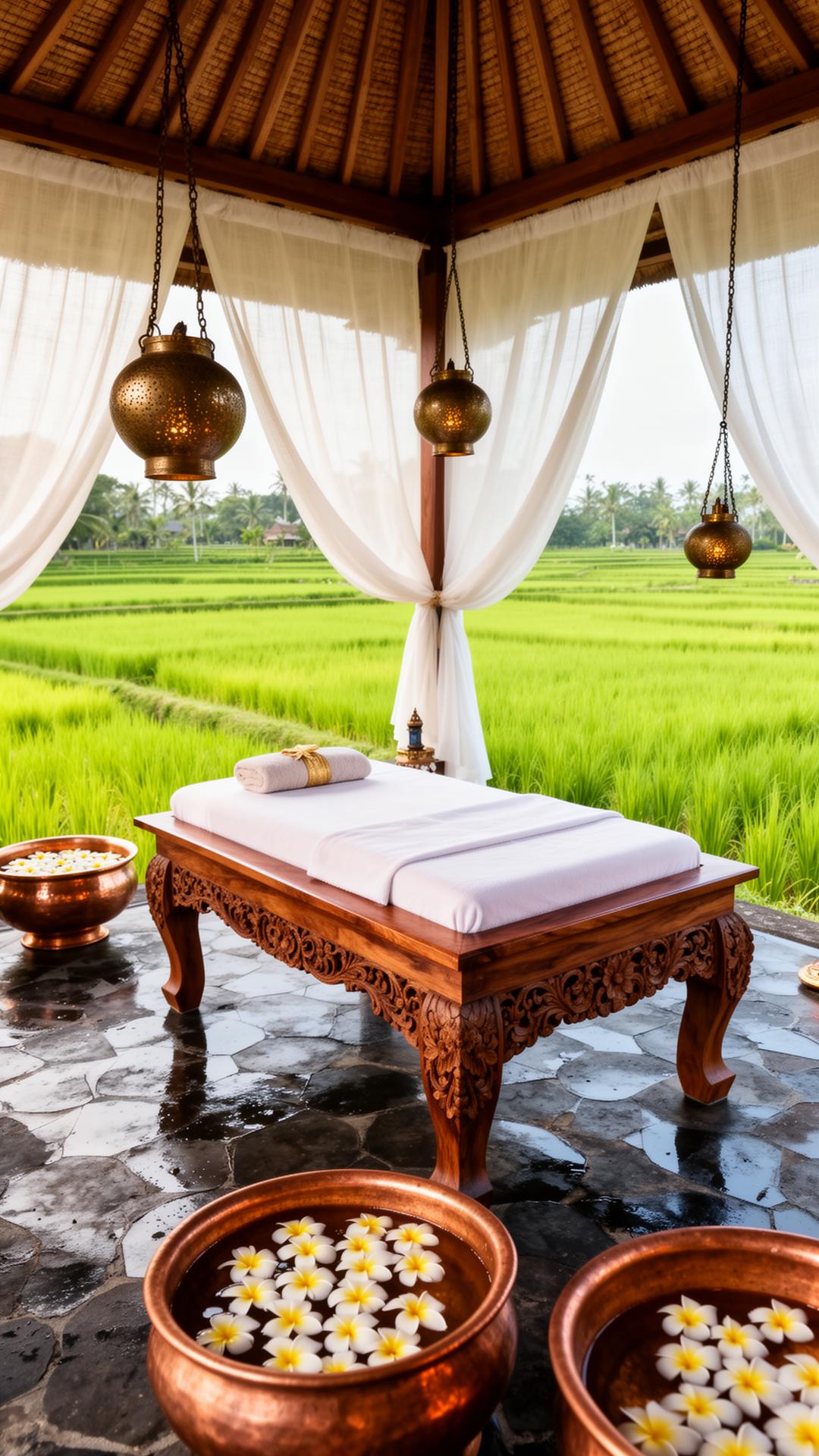 An open-air Balinese spa pavilion with a carved ironwood massage table, hanging brass lamps, copper bowls of frangipani petals, and an open wall onto a green rice terrace