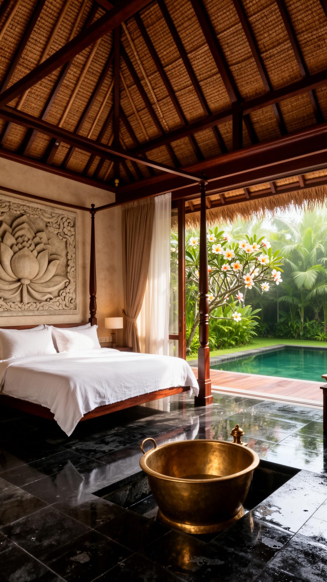 Balinese villa suite with alang-alang thatched ceiling, four-poster bed, brass tub in the floor, carved stone lotus relief and a private green plunge pool through the open wall