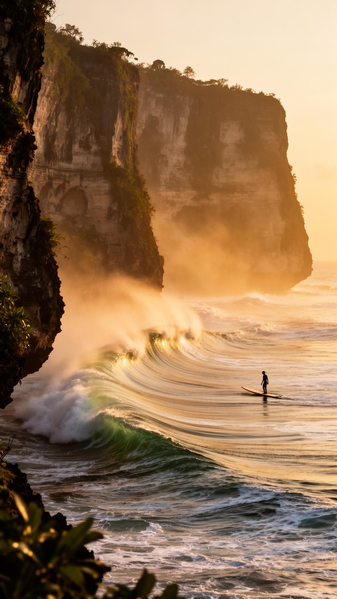 A lone surfer at the long left-hand point break of Uluwatu under towering limestone cliffs at sunrise