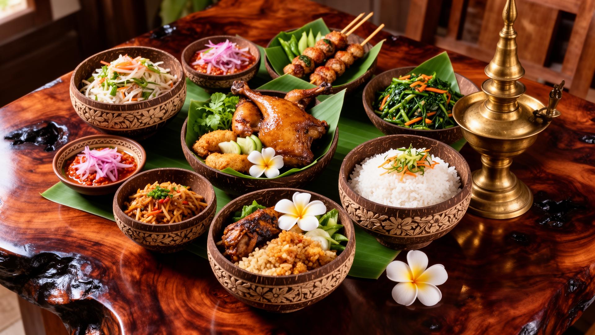 A Balinese rijsttafel of nasi campur, bebek betutu, sate lilit, sambal matah, urap and gado-gado served in carved coconut bowls on dark ironwood beside a brass oil lamp