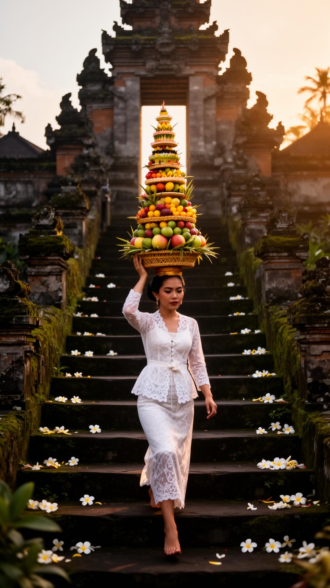 A Balinese woman in white kebaya carrying a tall tower of fruit offerings on her head up the moss-covered steps of an ancient temple at dawn