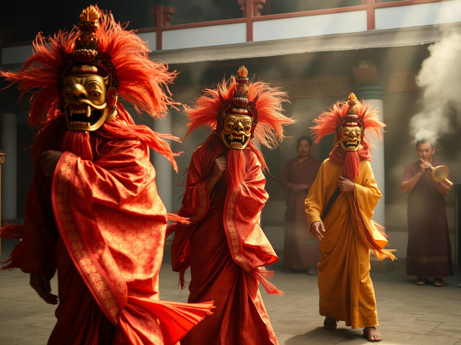 Masked Cham dancers in a Bhutanese monastery courtyard during a tshechu festival, swirling brocade silk robes in saffron, red and gold, intricate carved wooden masks of wrathful deities, monks playing long horns in the background