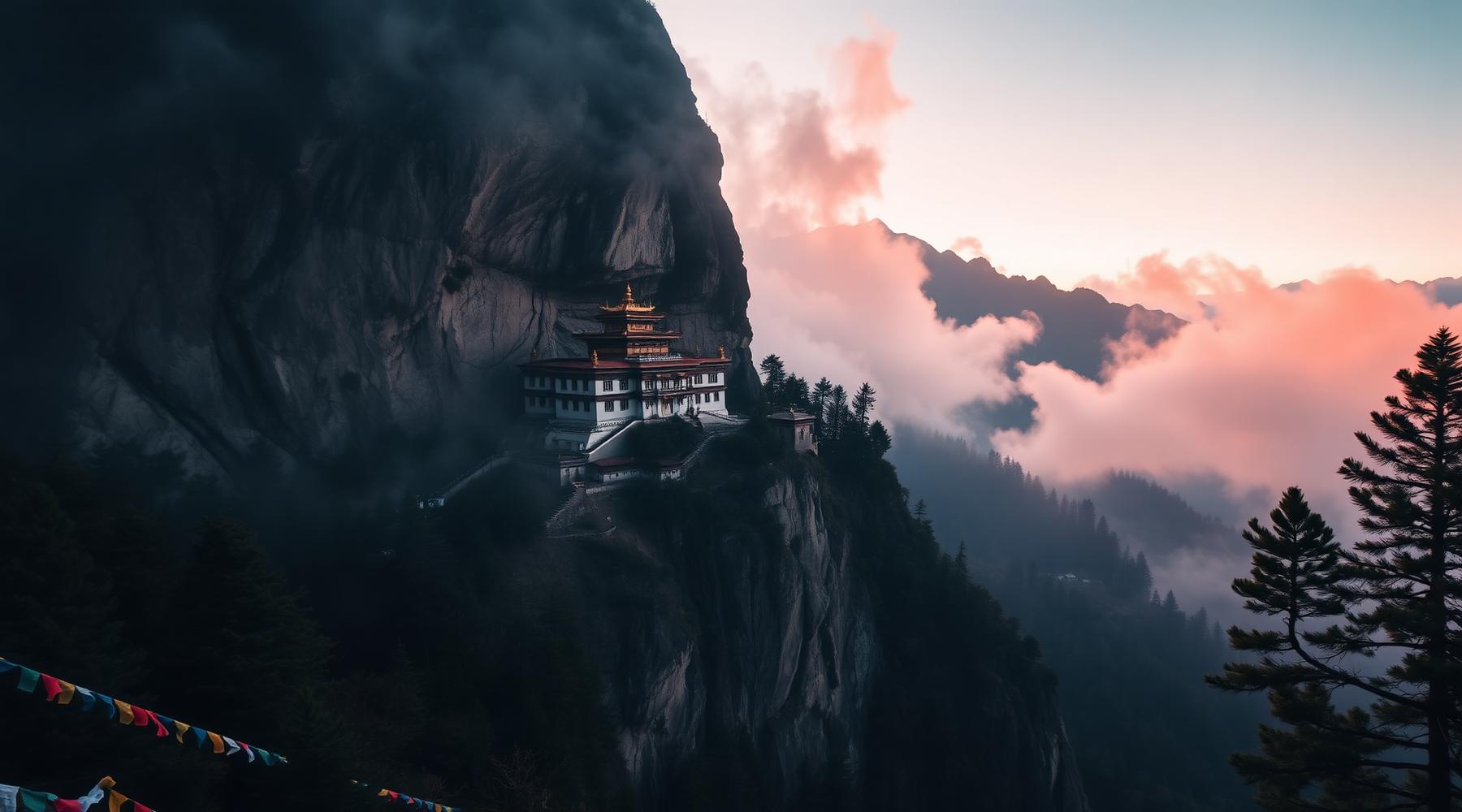Tiger's Nest monastery (Paro Taktsang) clinging to a sheer cliff face in Bhutan at dawn, surrounded by pine forest and drifting mist, prayer flags fluttering, dramatic Himalayan landscape, soft pink and gold sunrise light