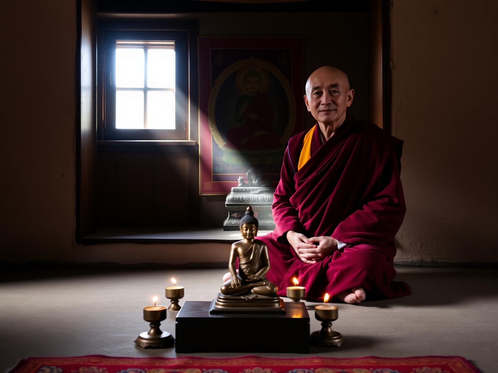 A Bhutanese monk in deep maroon and saffron robes seated in lotus position before a small bronze Buddha statue, butter lamps glowing, hand-painted thangka behind, a single beam of morning light through a small window