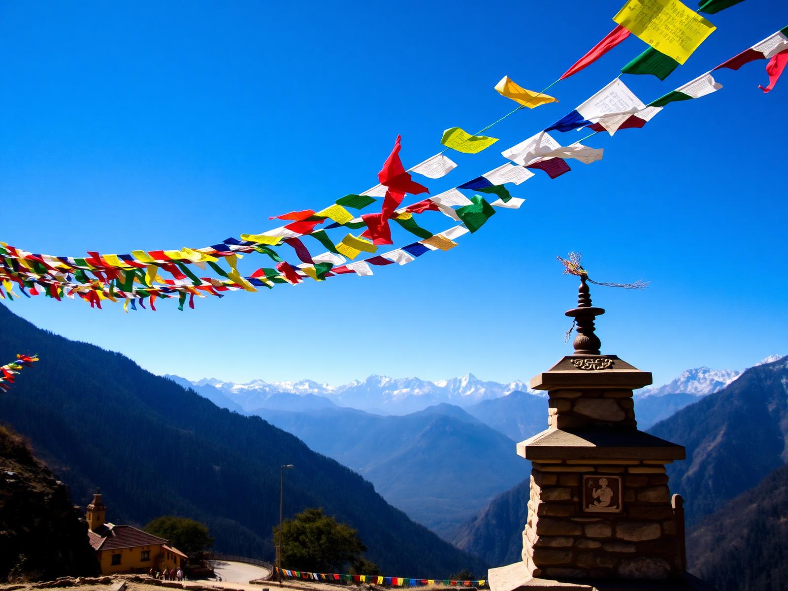 A high-altitude Bhutanese mountain pass strung with thousands of multicolored prayer flags fluttering in the wind, snow-capped Himalayan peaks in the distance, a stone chorten in the foreground