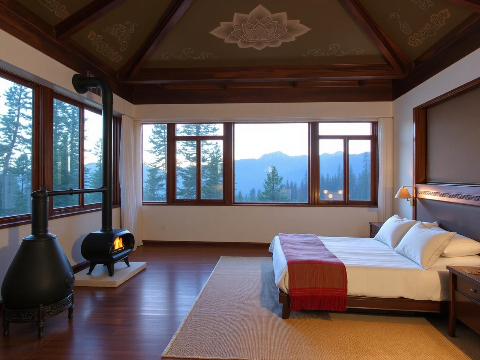 A luxury Bhutanese suite interior with hand-painted timber beams featuring traditional cloud and lotus motifs, a low king bed in raw natural linen with a hand-woven yathra wool throw, a bukhari wood-burning stove, oiled pine floors, floor-to-ceiling windows framing pine forest and Himalayan peaks
