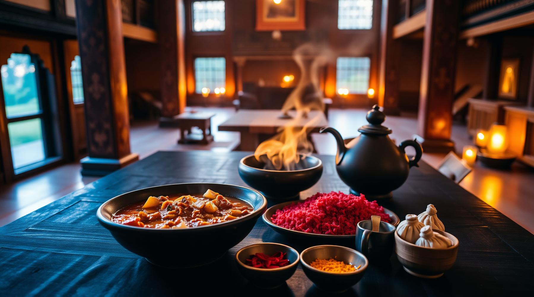 An intimate Bhutanese dining table at dusk in a candlelit dzong-style hall, ema datshi in a black clay bowl, red rice, momos in a bamboo steamer, suja butter tea in handleless cups, warm butter lamp light
