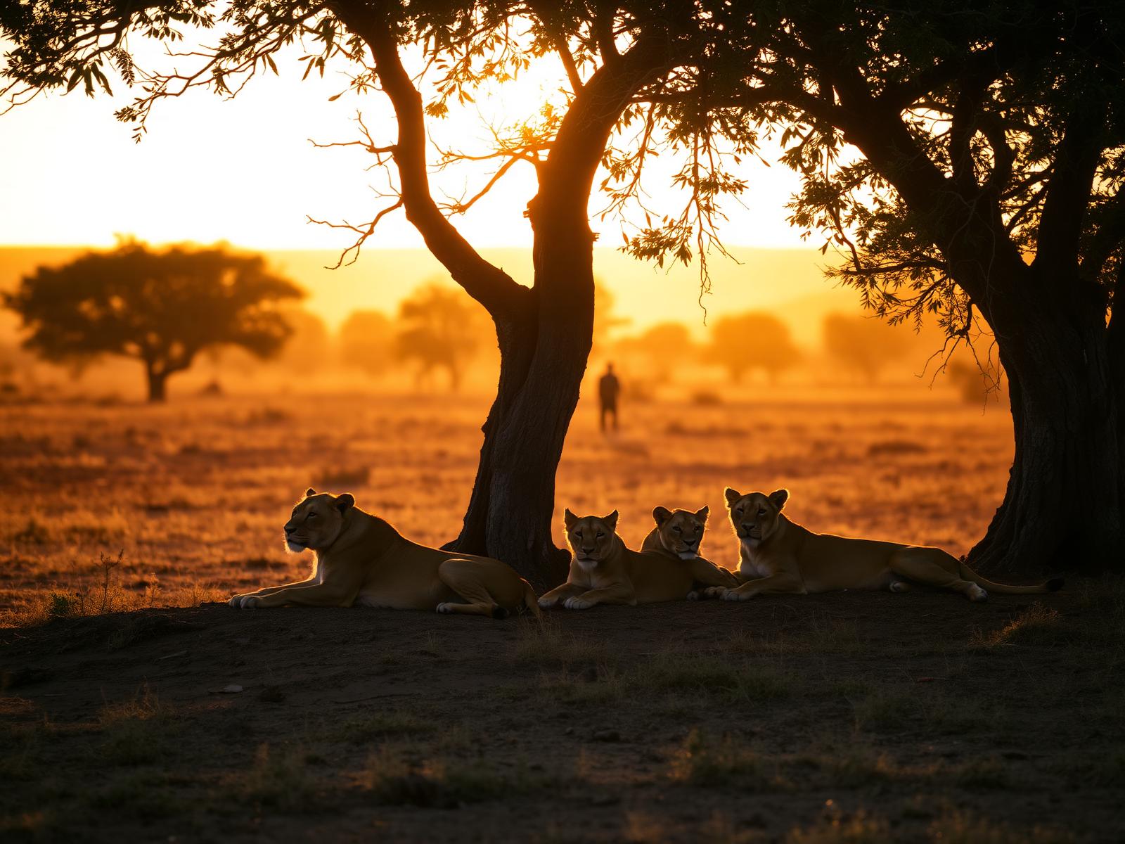 A pride of lions resting under an acacia at golden hour