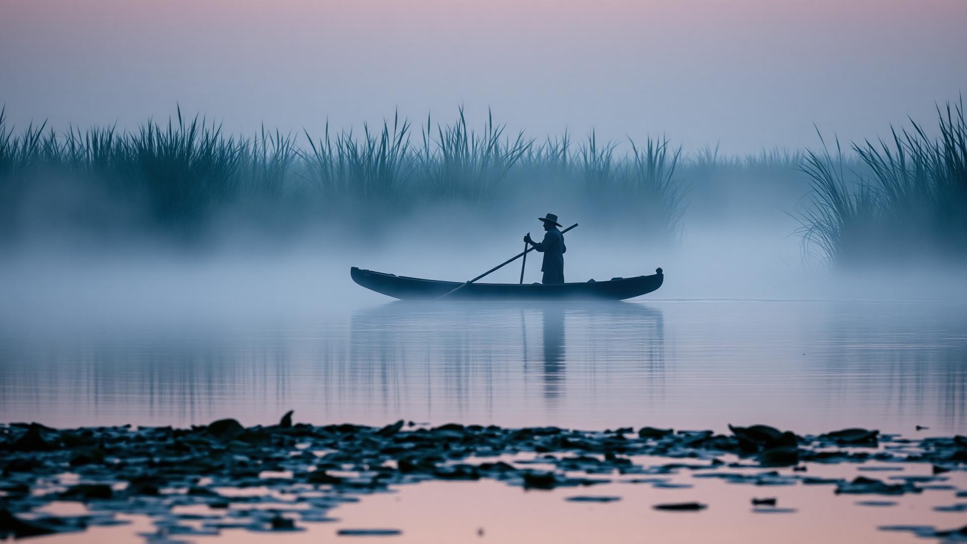 A traditional mokoro dugout canoe poled through misty reed-lined channels at dawn