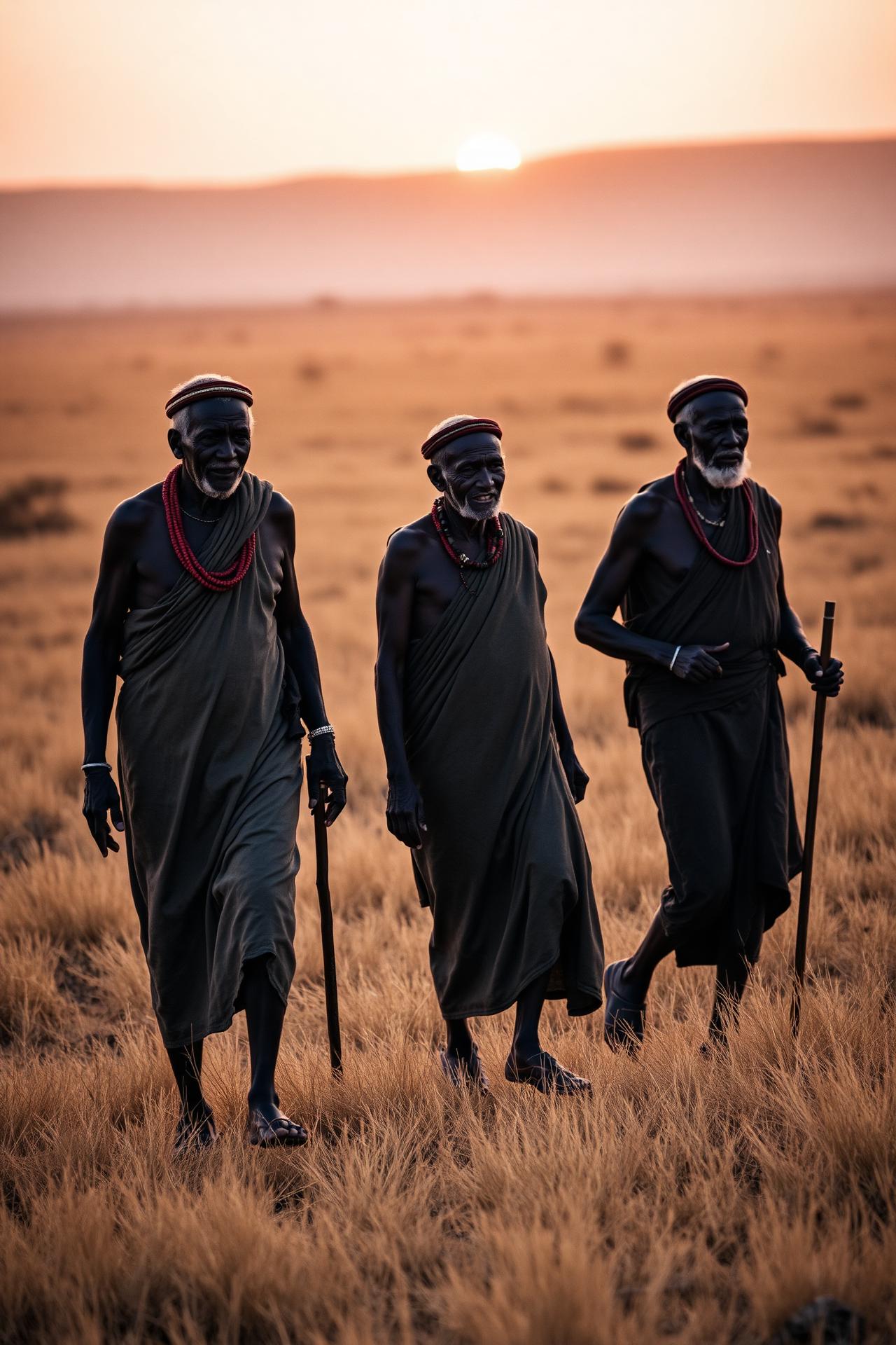 Three San elders walking the Kalahari at dawn