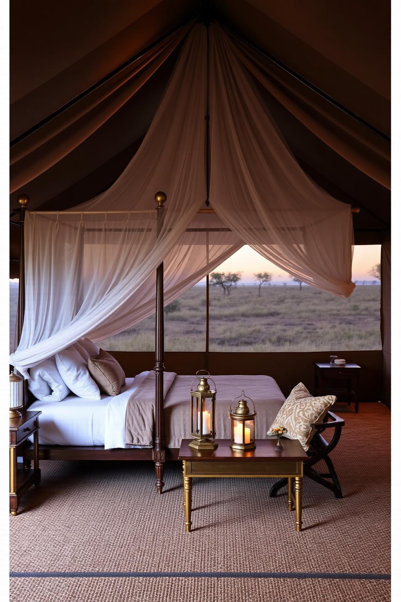 Tented safari pavilion interior with brass lanterns, four-poster bed and rolled-up canvas onto the floodplain