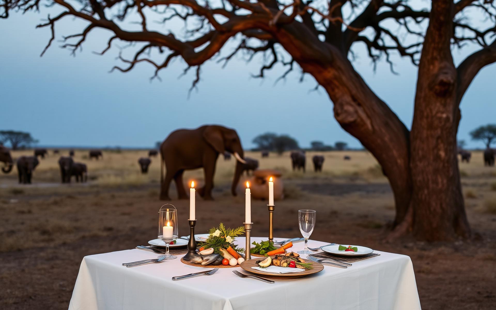 A candlelit bush dinner table under an acacia with elephants in the distance at dusk