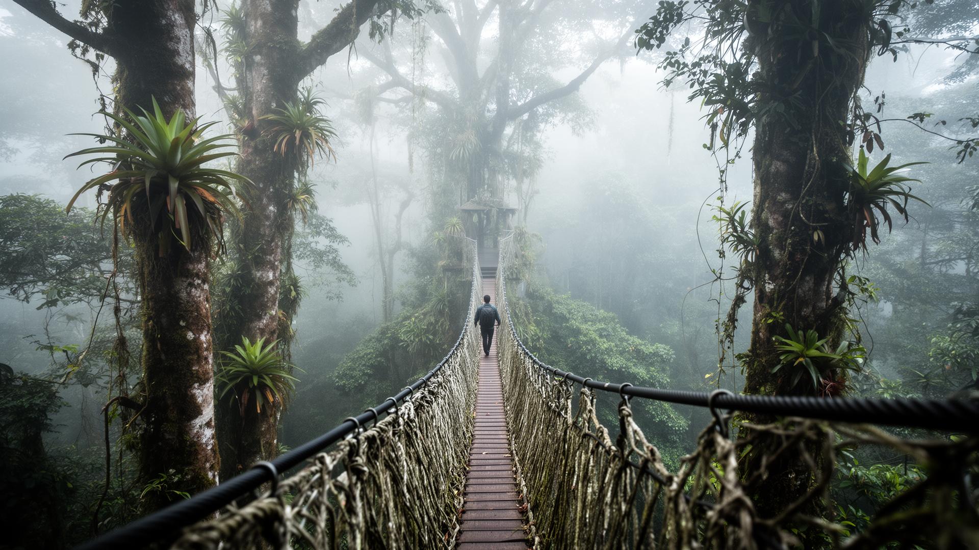 A long suspended rope bridge high in a Costa Rican cloud forest canopy, mist rolling through massive moss-draped trees, ethereal diffused light, a lone figure walking in the distance