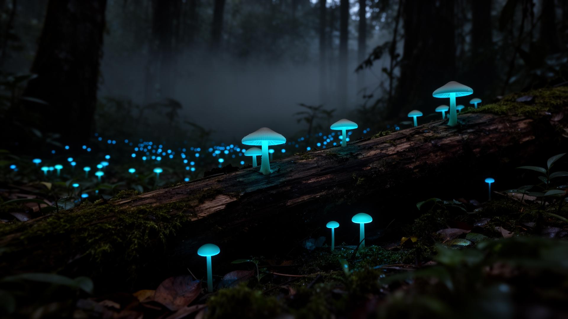 Bioluminescent mushrooms glowing with tiny blue-green lights on a fallen log in a dark Costa Rican cloud forest at night, deep shadows and mysterious atmosphere