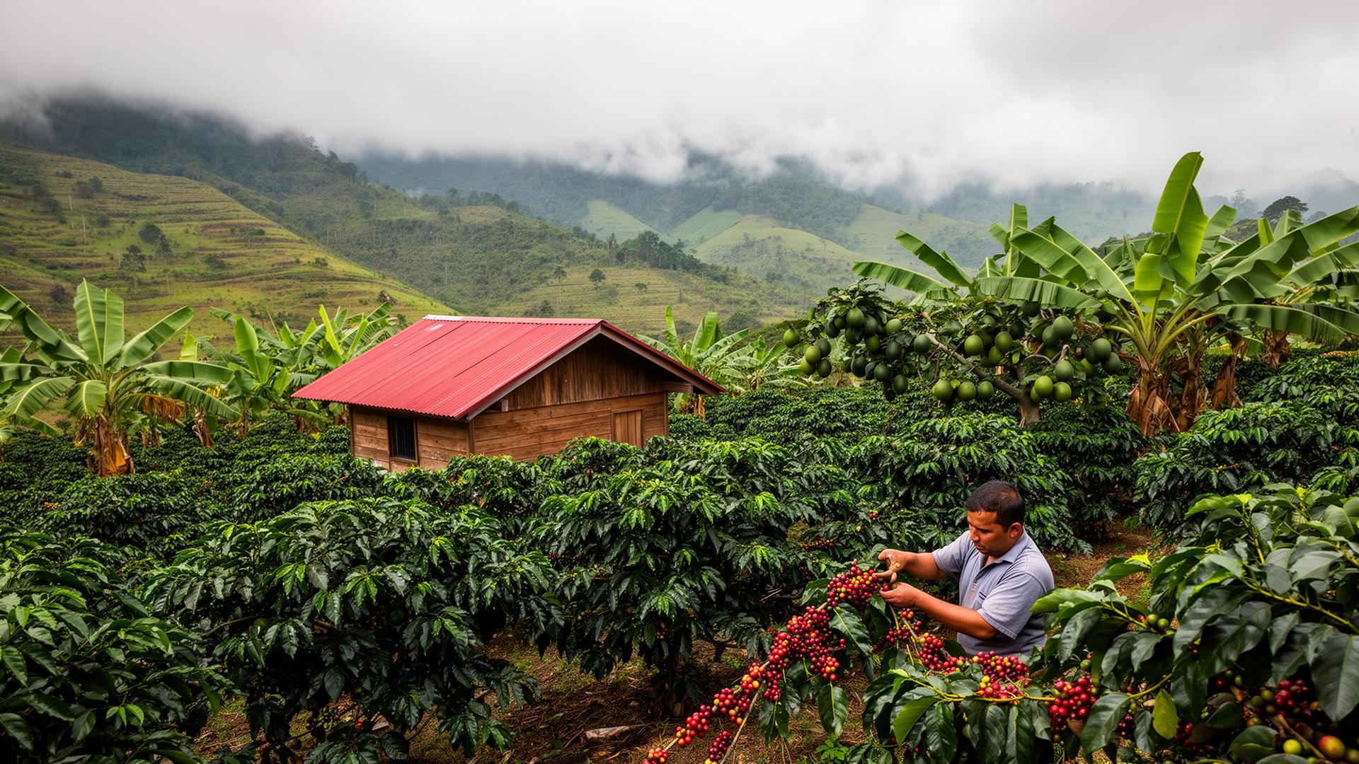A traditional Costa Rican coffee plantation on a misty hillside, rows of shade-grown coffee under banana trees, a small wooden farmhouse with a red tin roof, rolling green hills disappearing into cloud