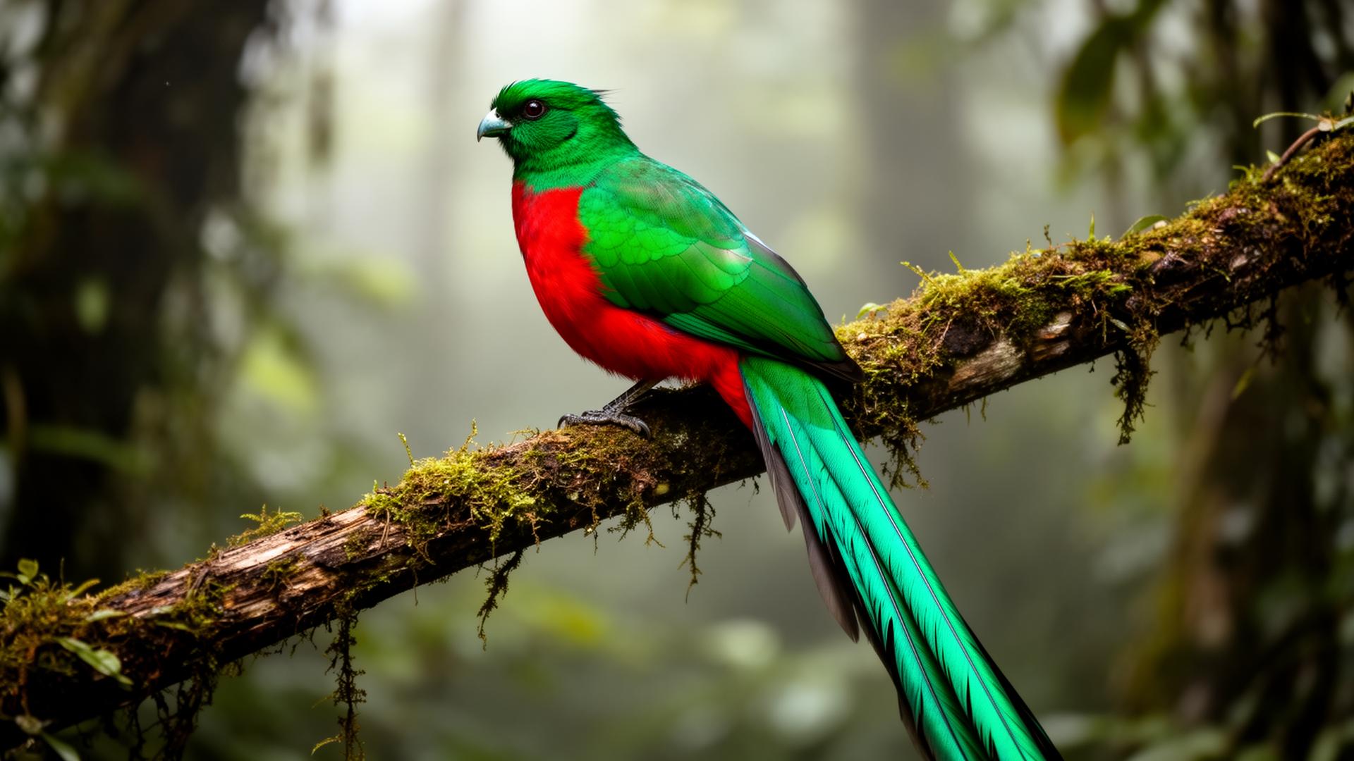 A resplendent quetzal bird with brilliant emerald and crimson plumage and long iridescent tail feathers, perched on a mossy branch in a Costa Rican cloud forest, soft diffused light