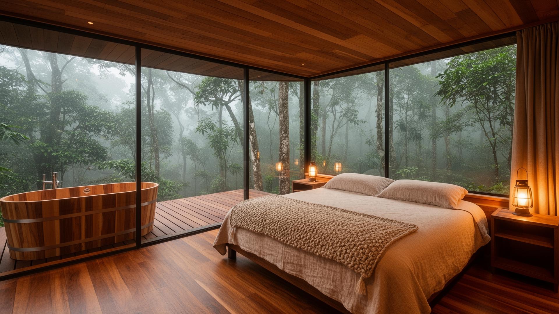 A luxury canopy suite interior in a Costa Rican cloud forest — floor-to-ceiling glass walls looking into the misty canopy, a king bed in natural linen, warm teak and cedar finishes, a cedar soaking tub on a wooden deck outside, soft lantern light