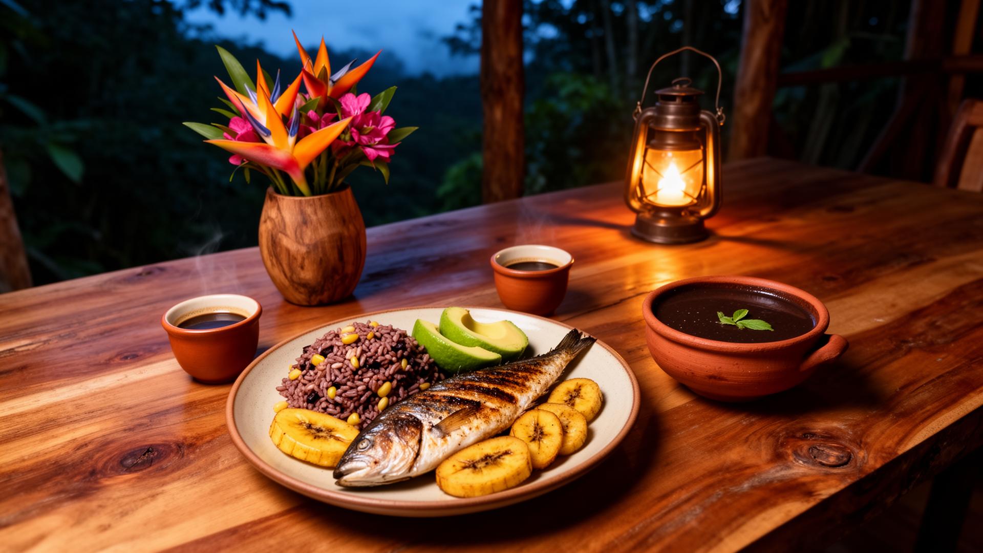 An intimate rustic dining table in a Costa Rican cloud forest lodge at dusk — casado with grilled fish, gallo pinto, plantains and avocado, sopa negra in a clay bowl, small cups of single-origin Tarrazú coffee, tropical flowers, candlelight