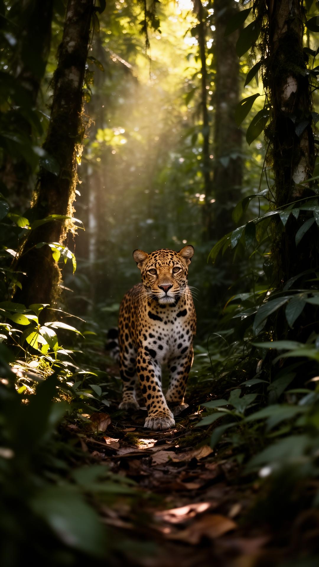 A jaguar moving through dappled rainforest light