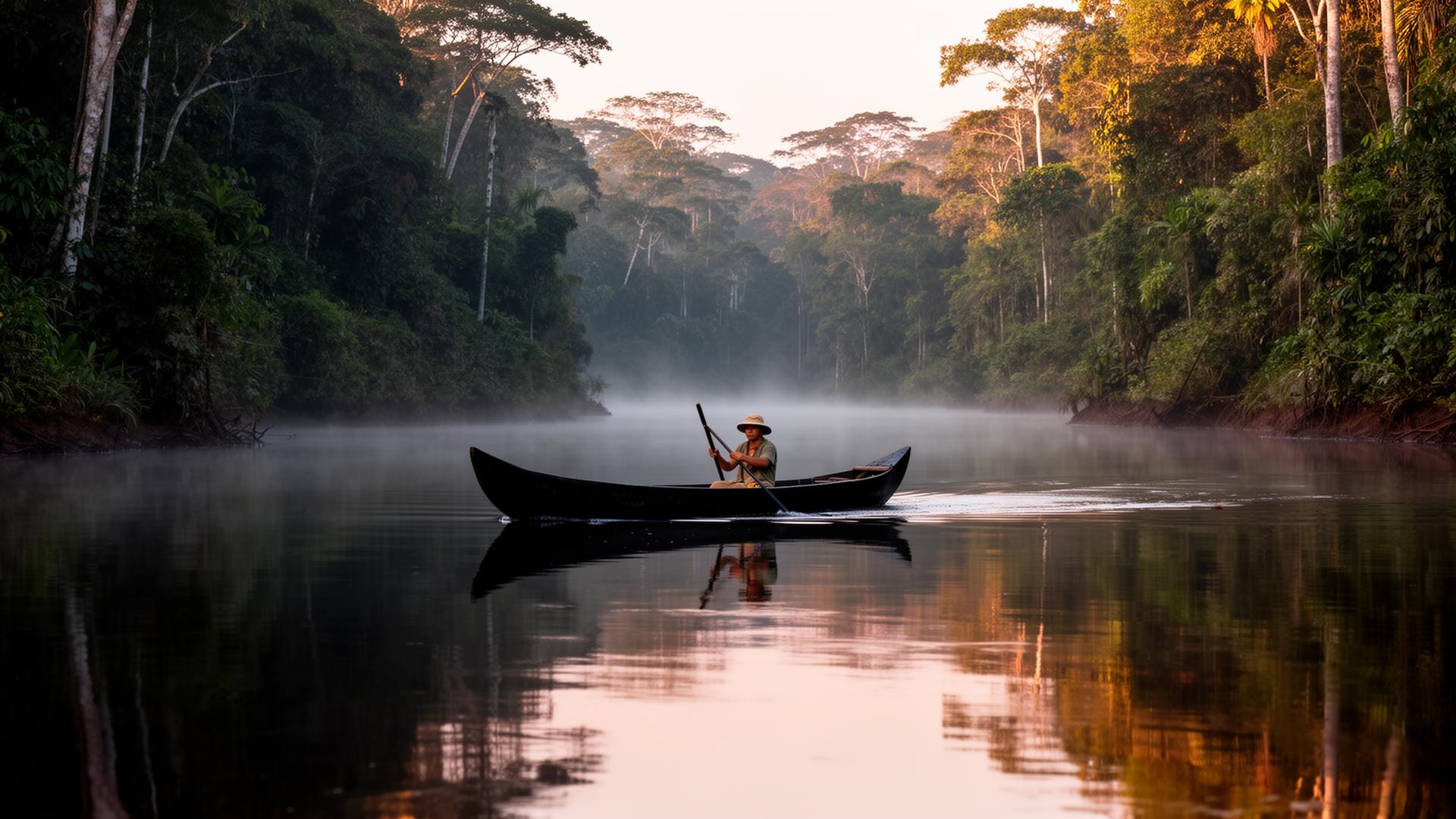 A guide poles a black dugout canoe through still rainforest water at dawn