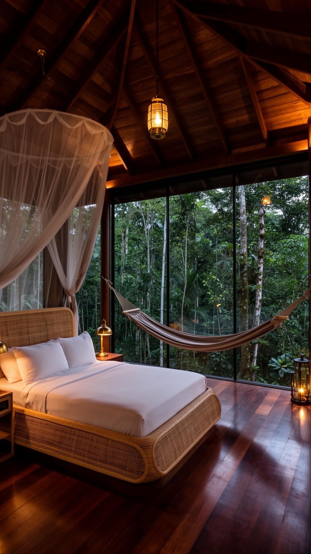 Hardwood canopy suite with mosquito netting and jungle view
