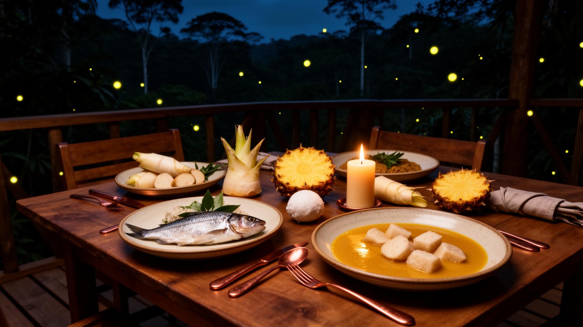 A candlelit canopy table with foraged Amazonian dishes