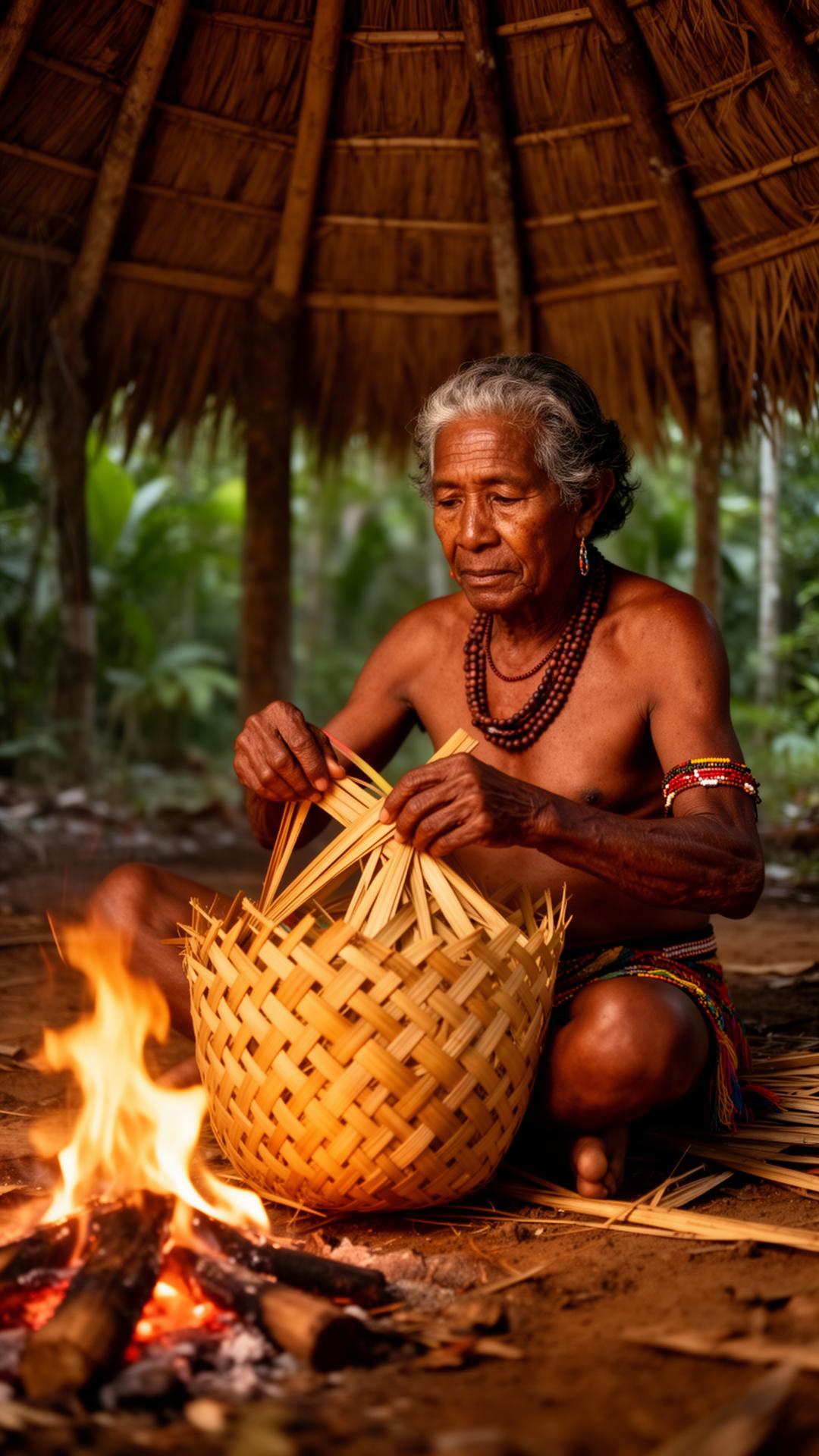 A Makushi elder weaving palm fibre by firelight