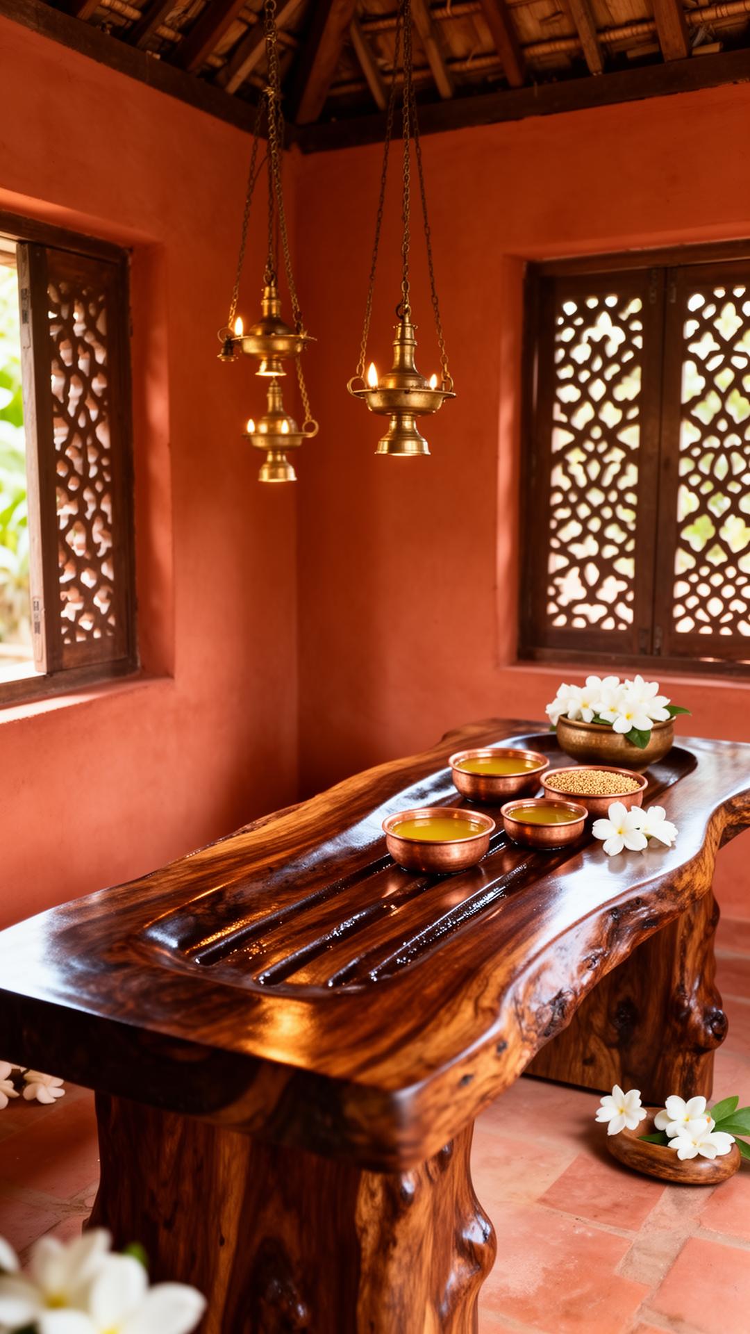 A polished neem-wood Ayurvedic massage table with copper bowls of warm oil, brass lamps and white jasmine