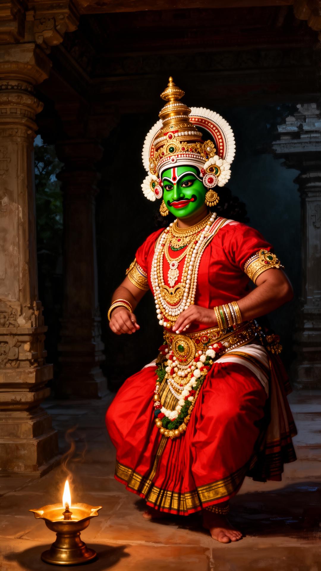 A Kathakali performer in green face paint and elaborate crown lit by a single brass lamp