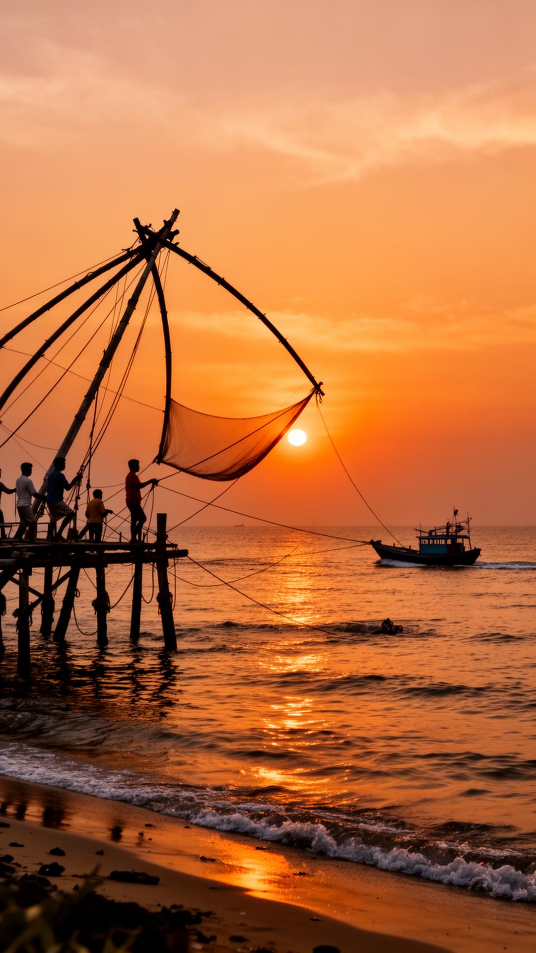 The cantilevered Chinese fishing nets of Kochi silhouetted against an orange Arabian Sea at sunset