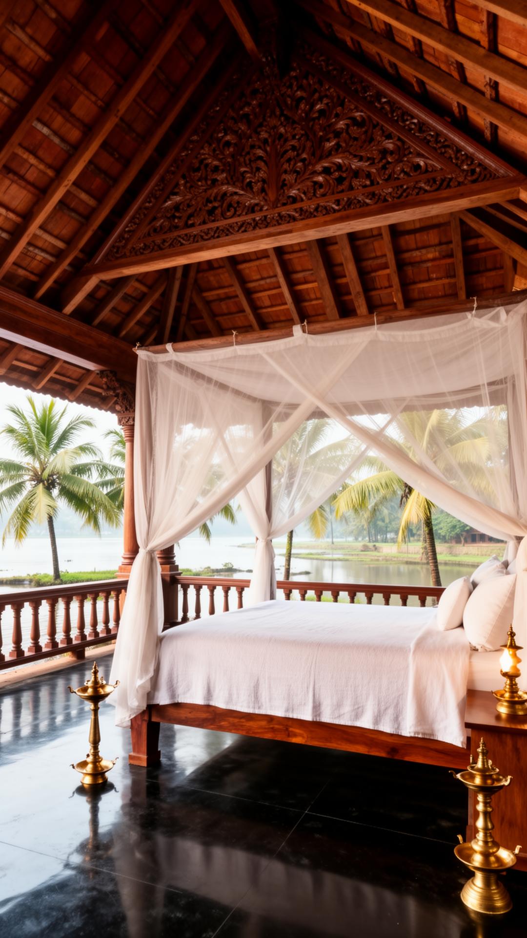 Heritage Keralan teak pavilion interior with carved gable ceiling, four-poster bed in white mosquito netting, brass oil lamps and a verandah opening onto the backwater