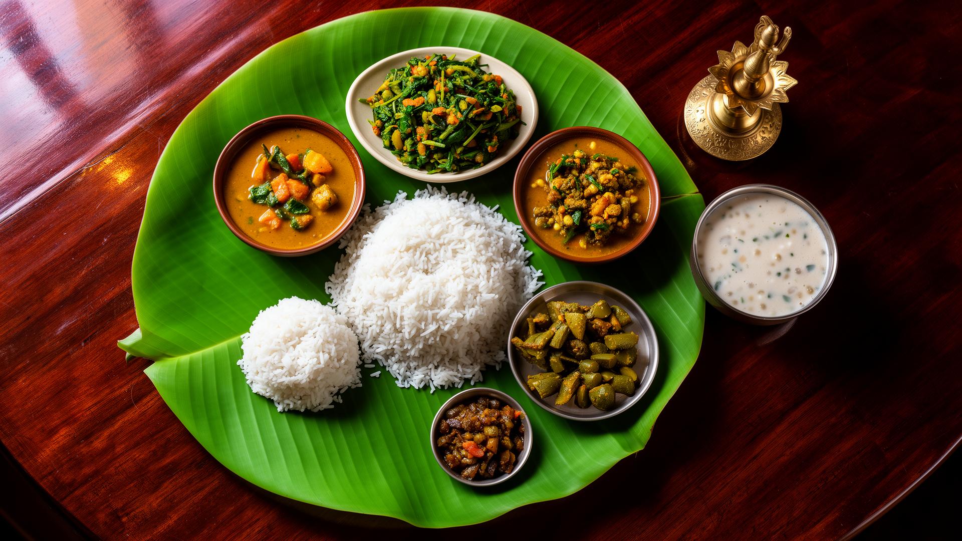 A traditional Kerala sadya feast served on a fresh banana leaf with rice, sambar, avial, thoran and payasam beside a brass oil lamp