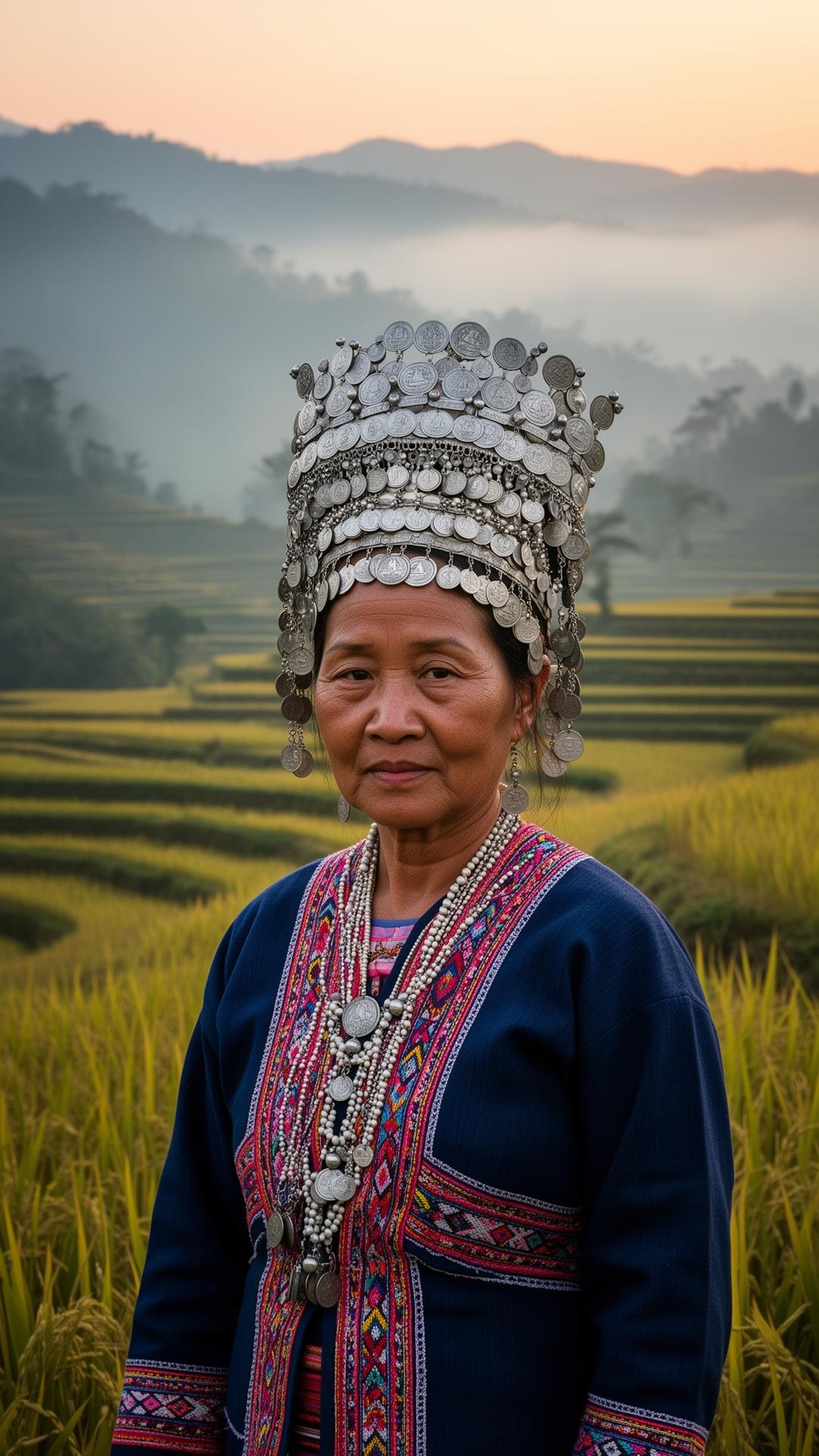 An Akha hill tribe woman in silver-coin headdress and indigo embroidered jacket on a terraced rice field