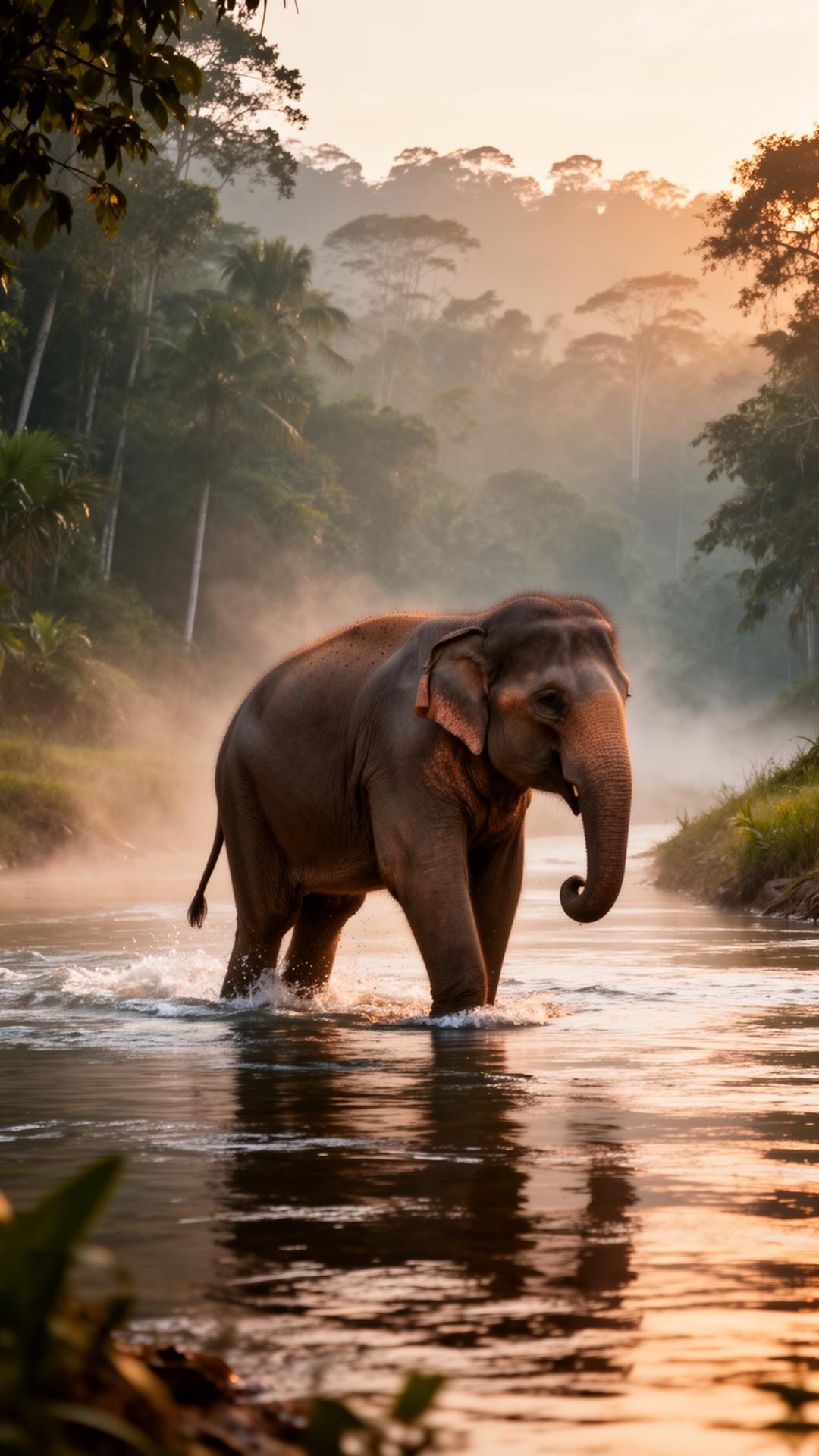 A single Asian elephant walking freely through a misty river at dawn, no chains, no riding