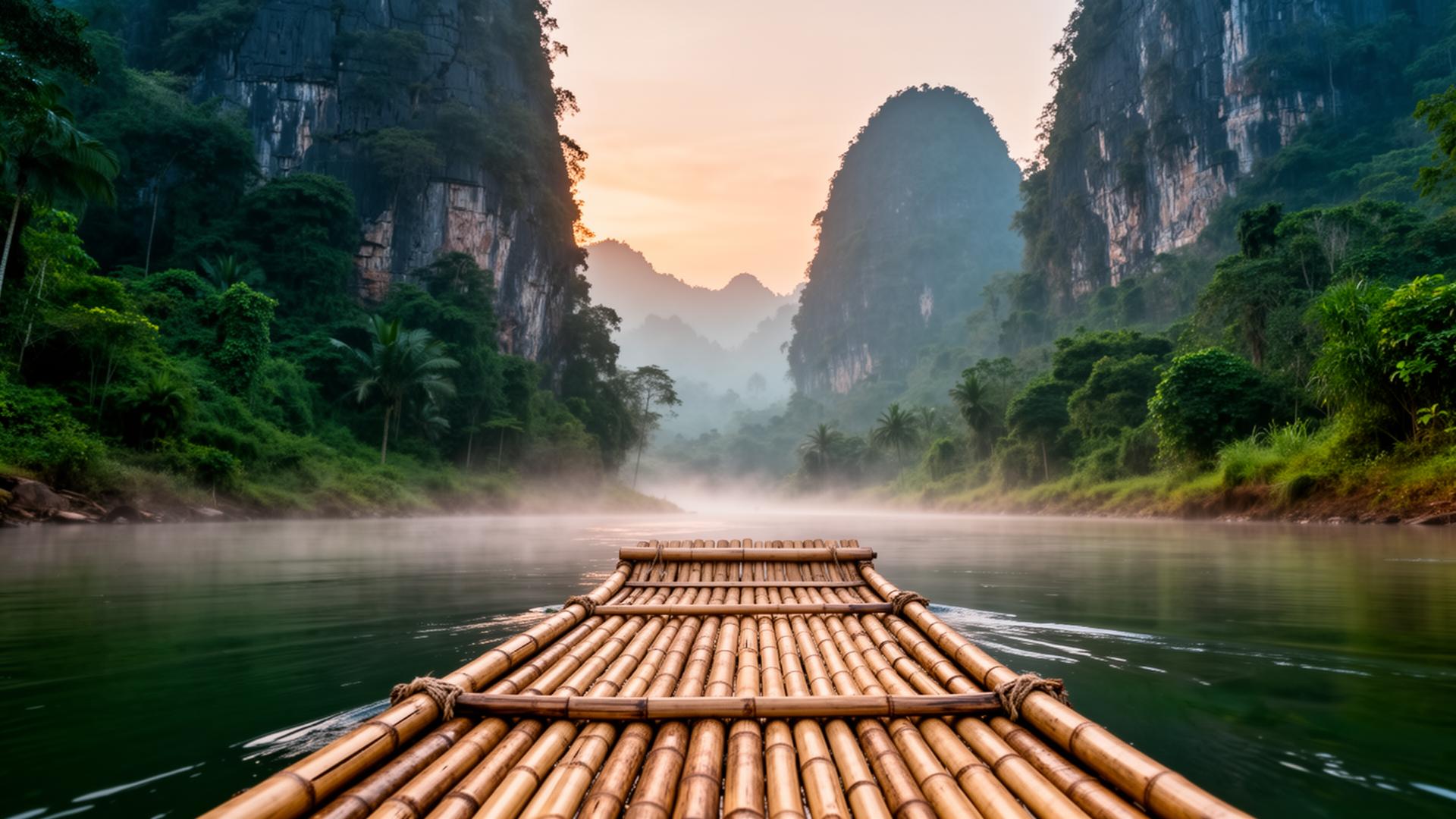 A bamboo raft drifting through misty limestone karst cliffs and emerald jungle river at dawn