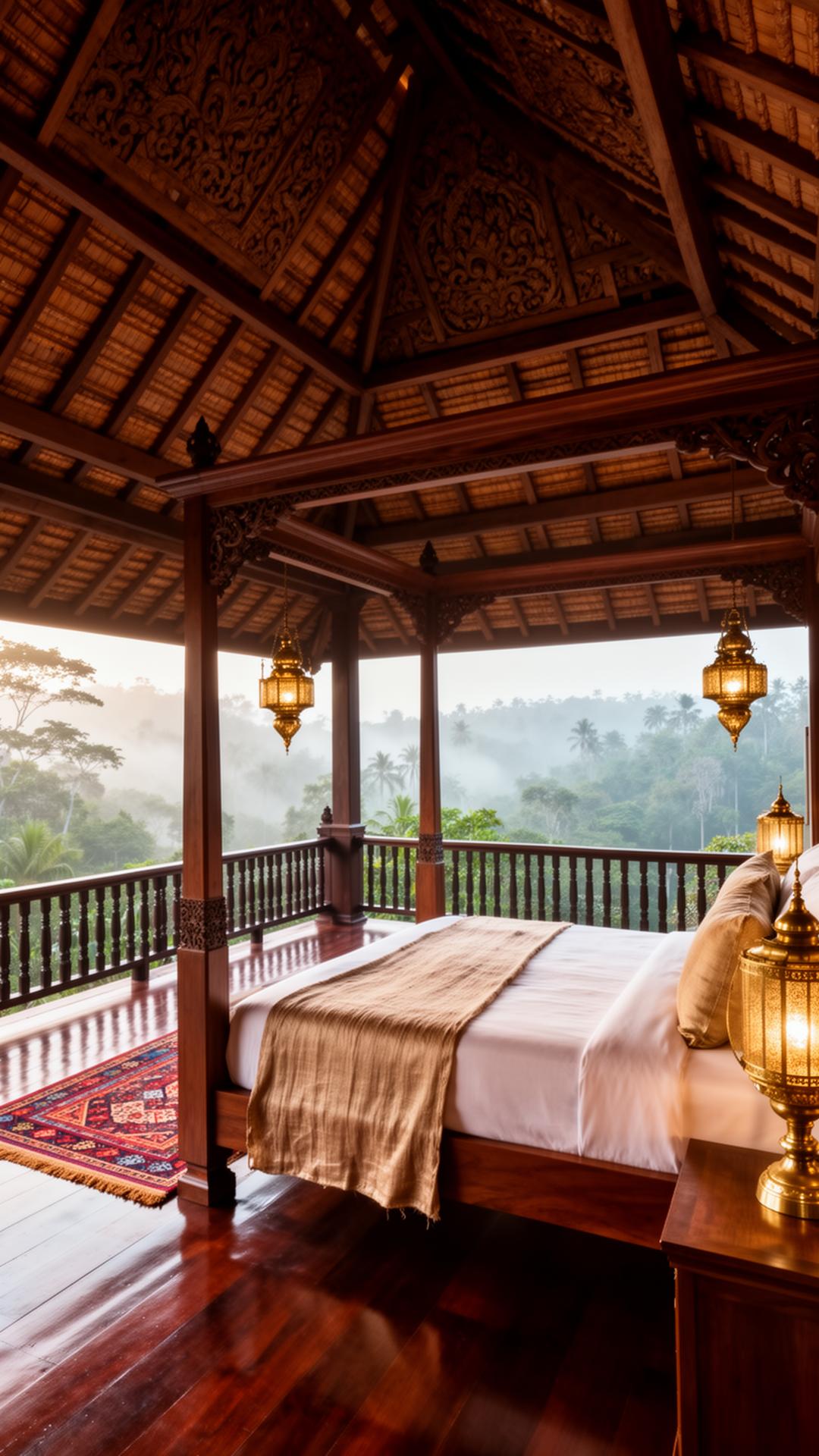 Lanna teak pavilion interior with carved gable ceiling, four-poster bed in raw silk, brass Shan lanterns and a verandah opening onto a misty jungle valley
