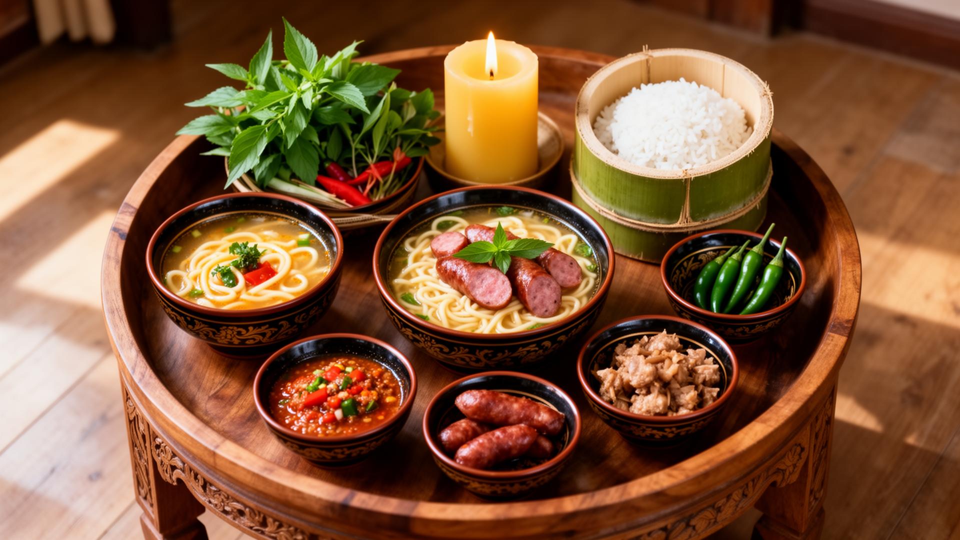 A traditional northern Thai khantoke feast on a low round teak tray — khao soi, sai ua sausage, nam prik, sticky rice in bamboo, herbs and chilies