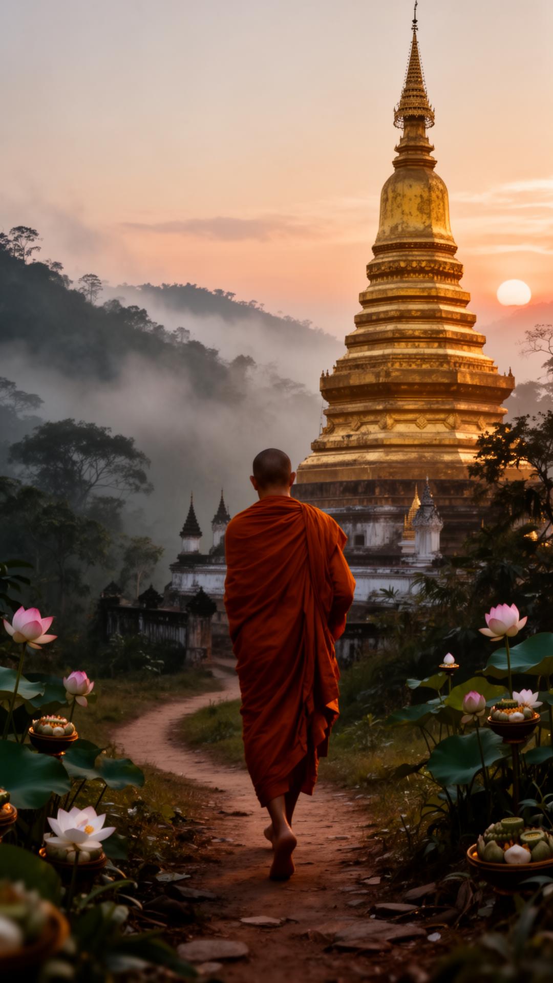 A Buddhist monk in saffron robes walking past a golden Lanna chedi at dawn