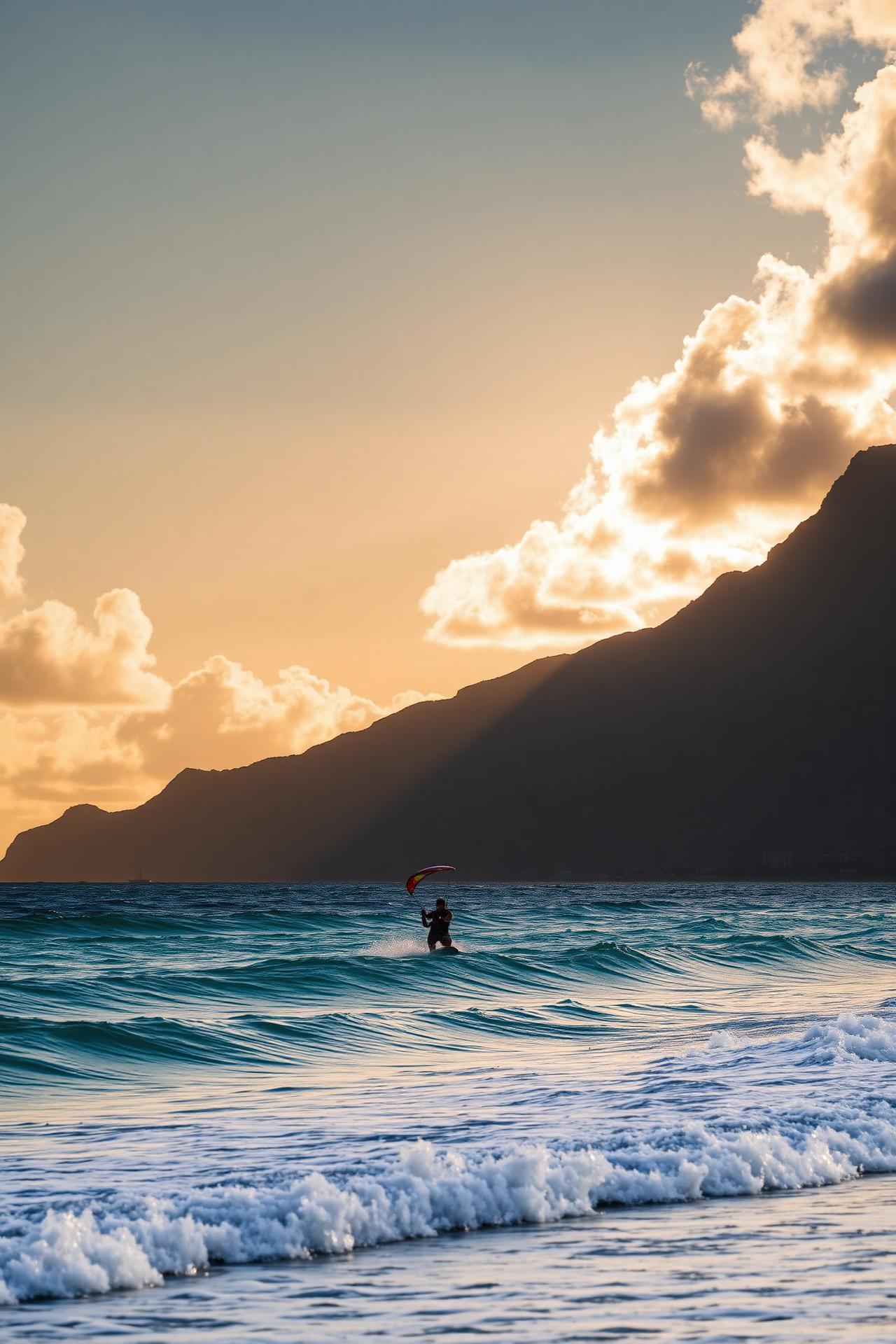 A solo kitesurfer cutting across the One Eye break at sunrise, Le Morne behind