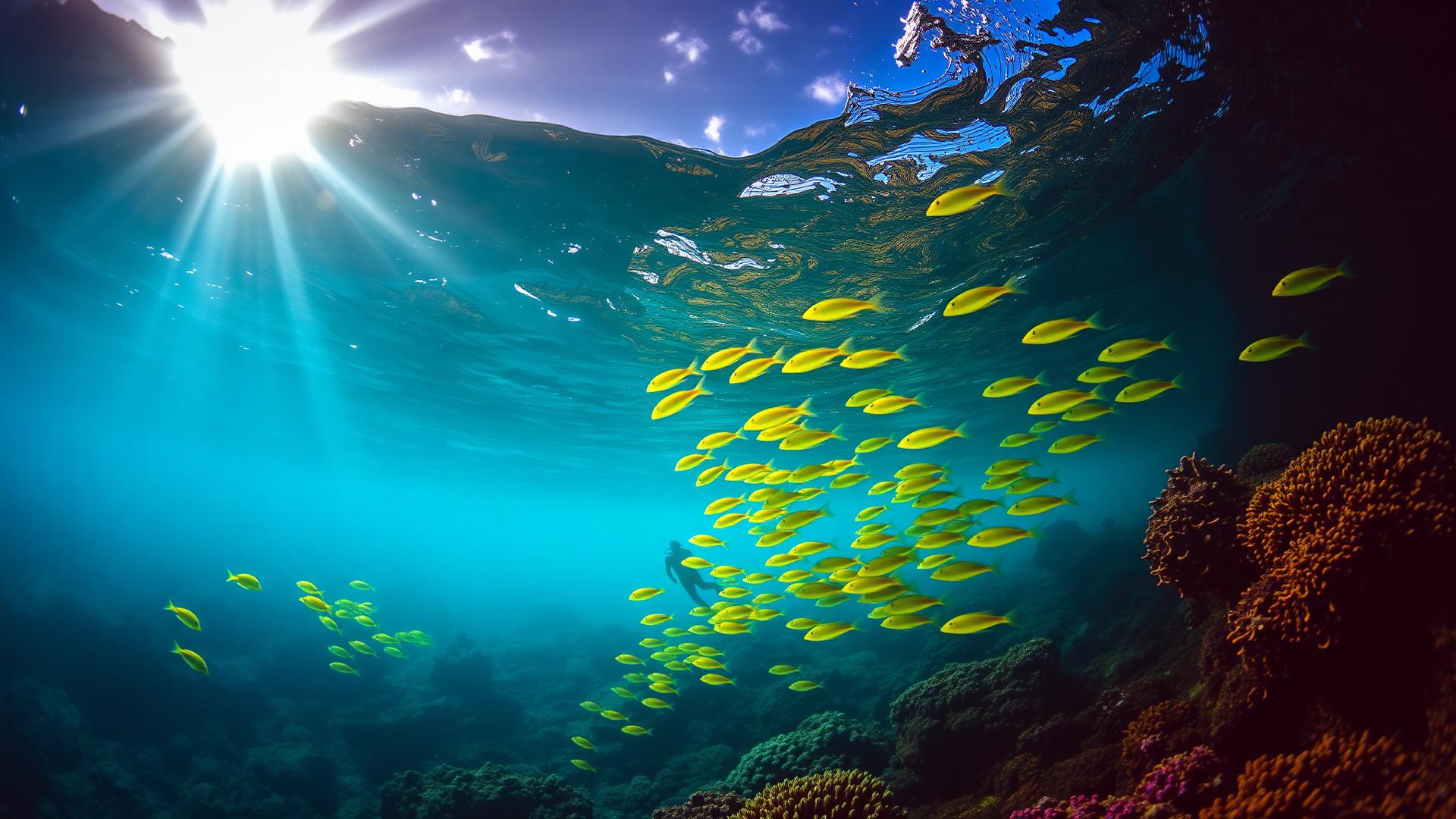 A diver moving beside a vibrant Mauritian coral reef in sunlit turquoise water