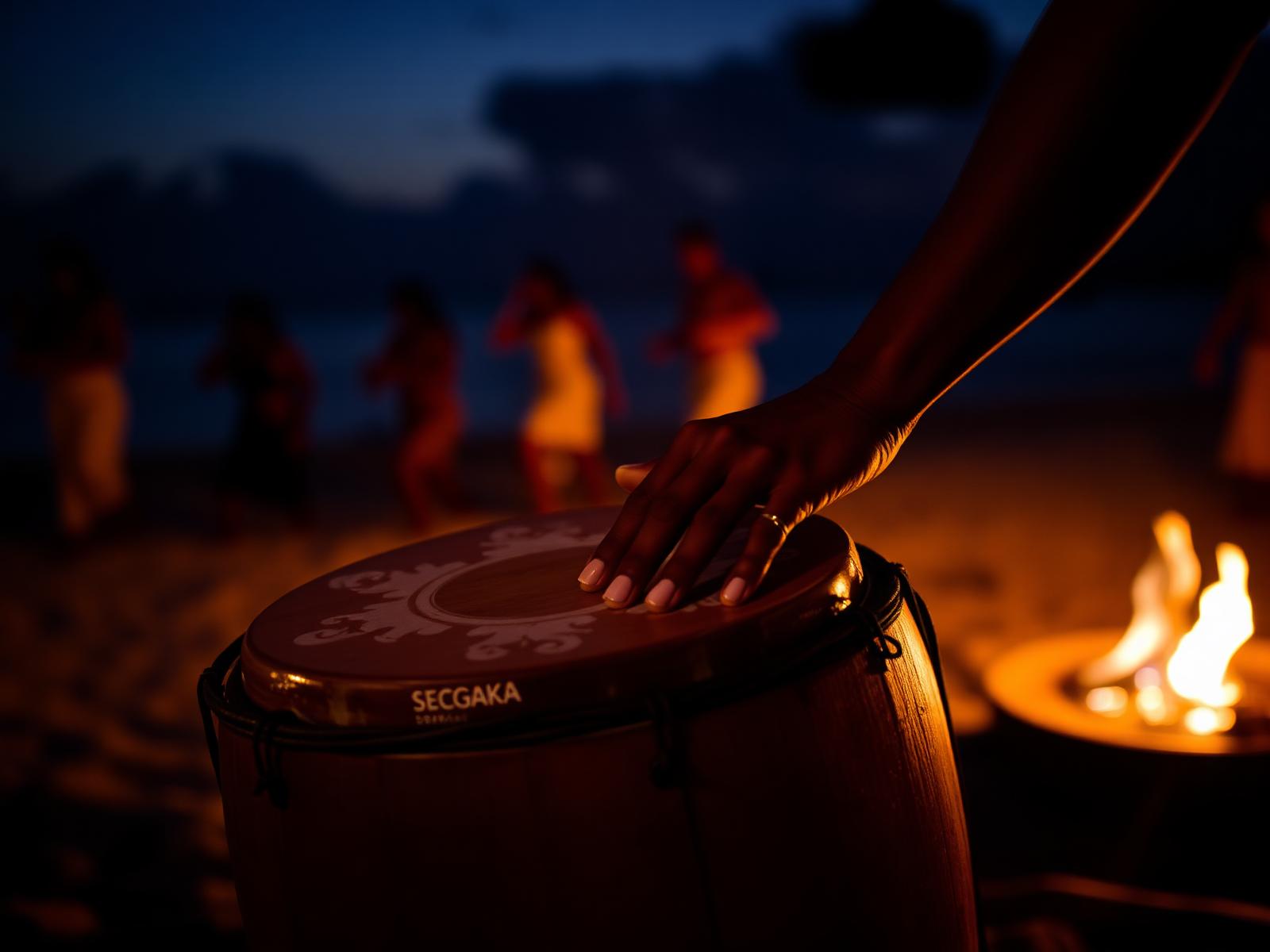 Hands on a ravanne drum at twilight with sega dancers blurred by firelight