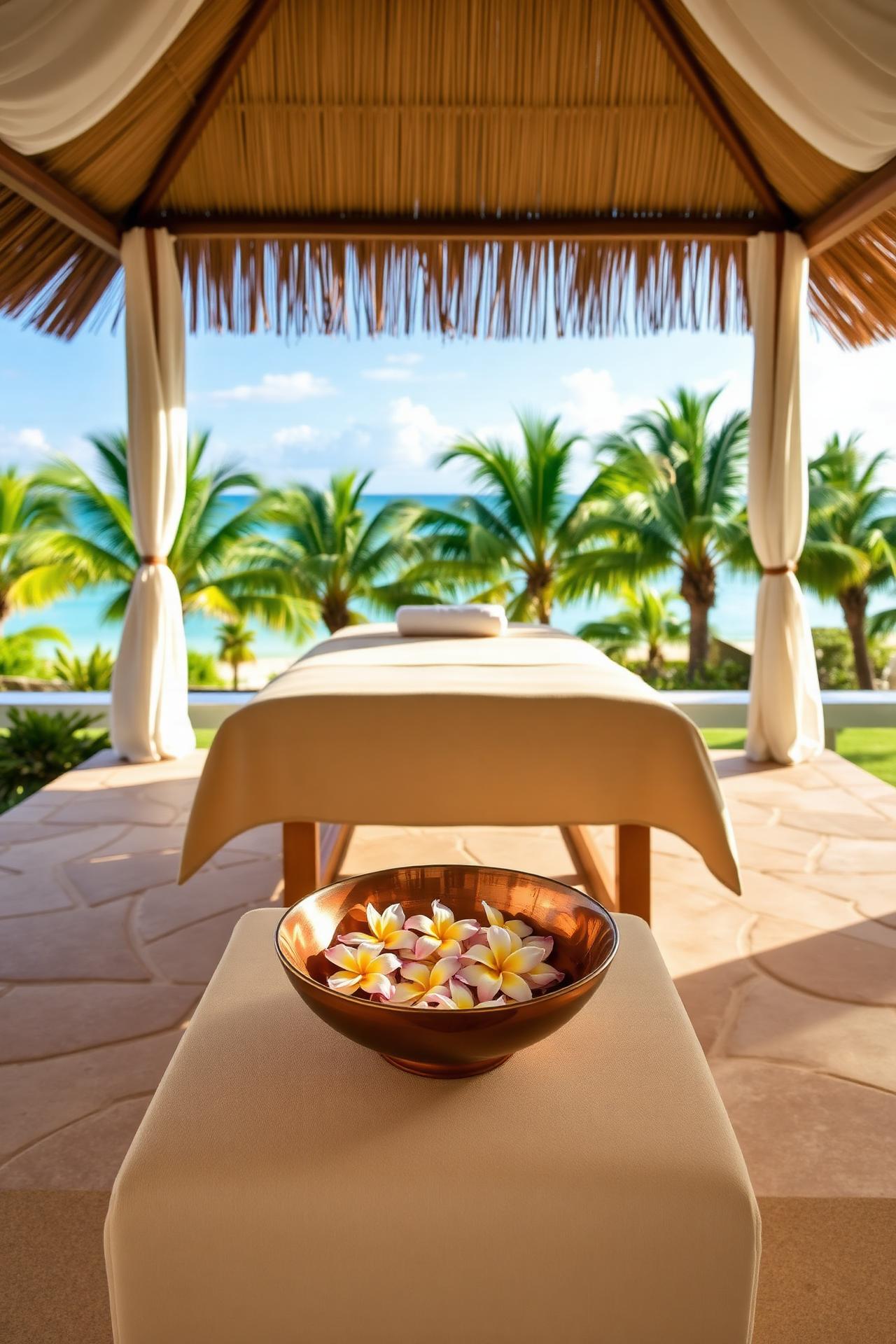 An open-air spa pavilion with frangipani in a copper bowl and the lagoon beyond