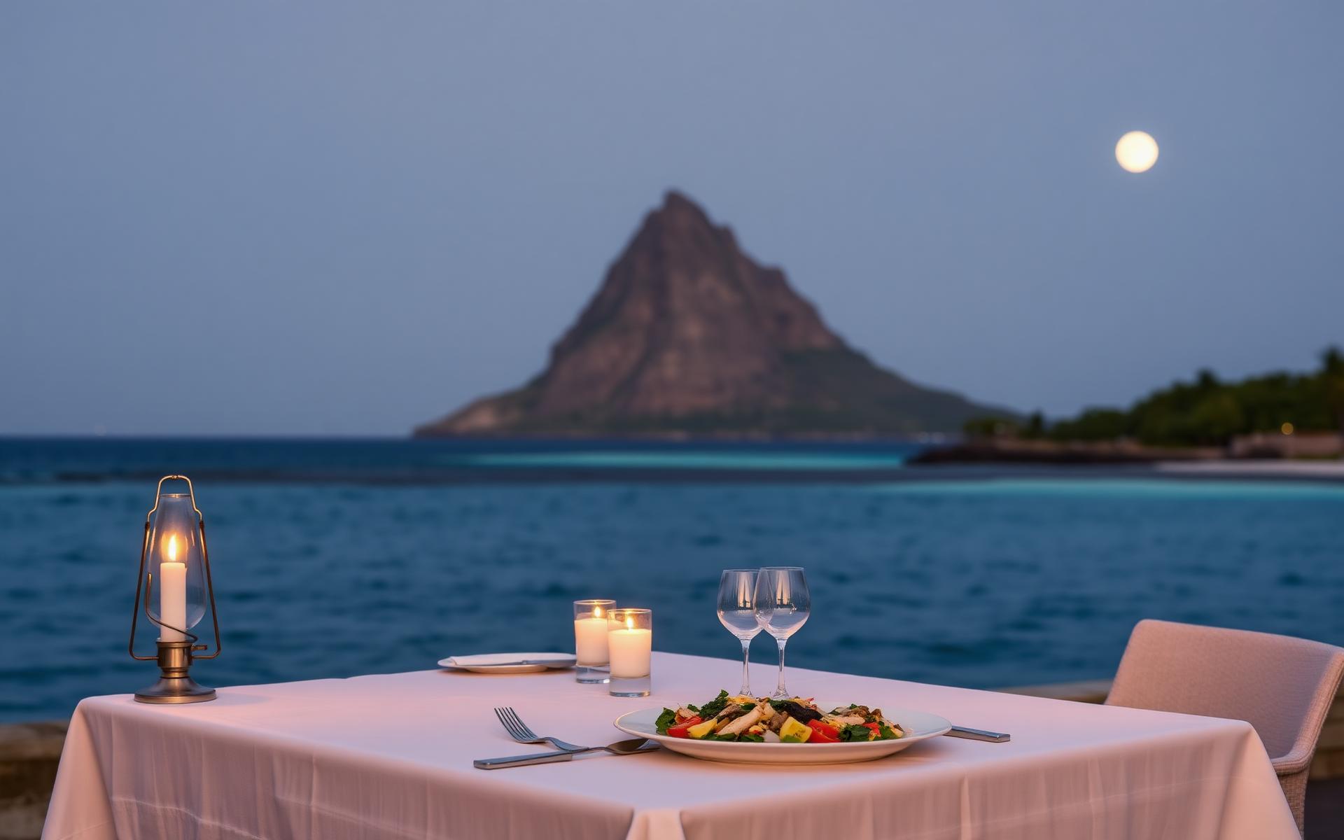 A candlelit table at the lagoon's edge with Mauritian creole cuisine, the mountain silhouetted under a full moon