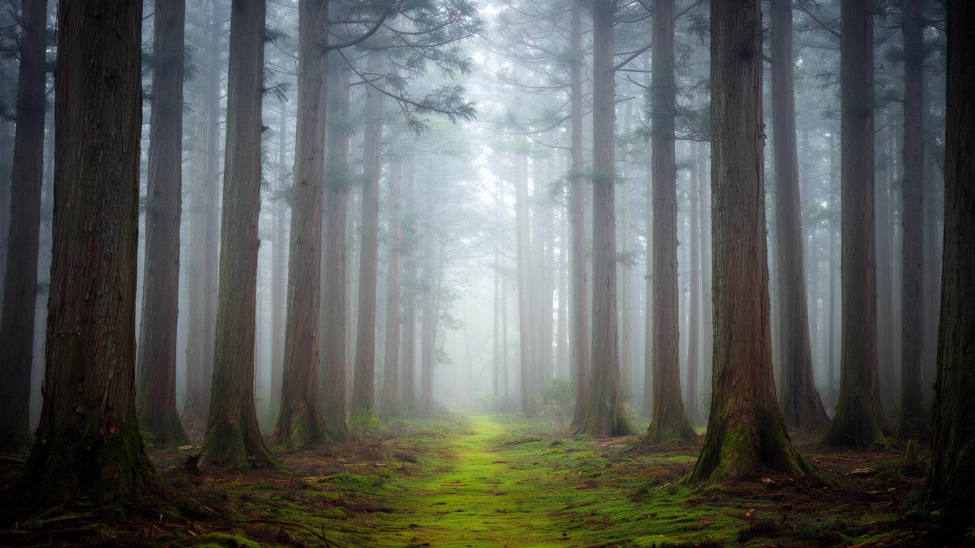 Misty cedar forest with moss path