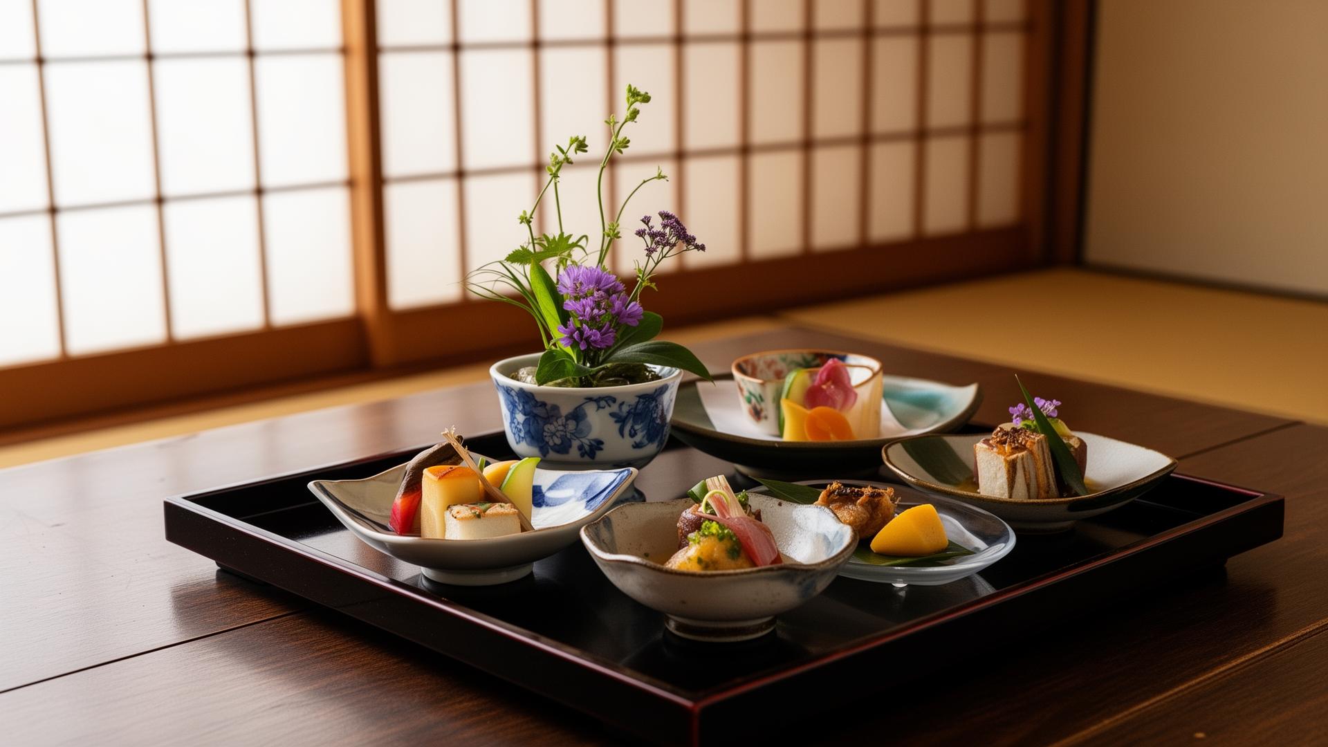 Kaiseki tasting course on lacquer tray