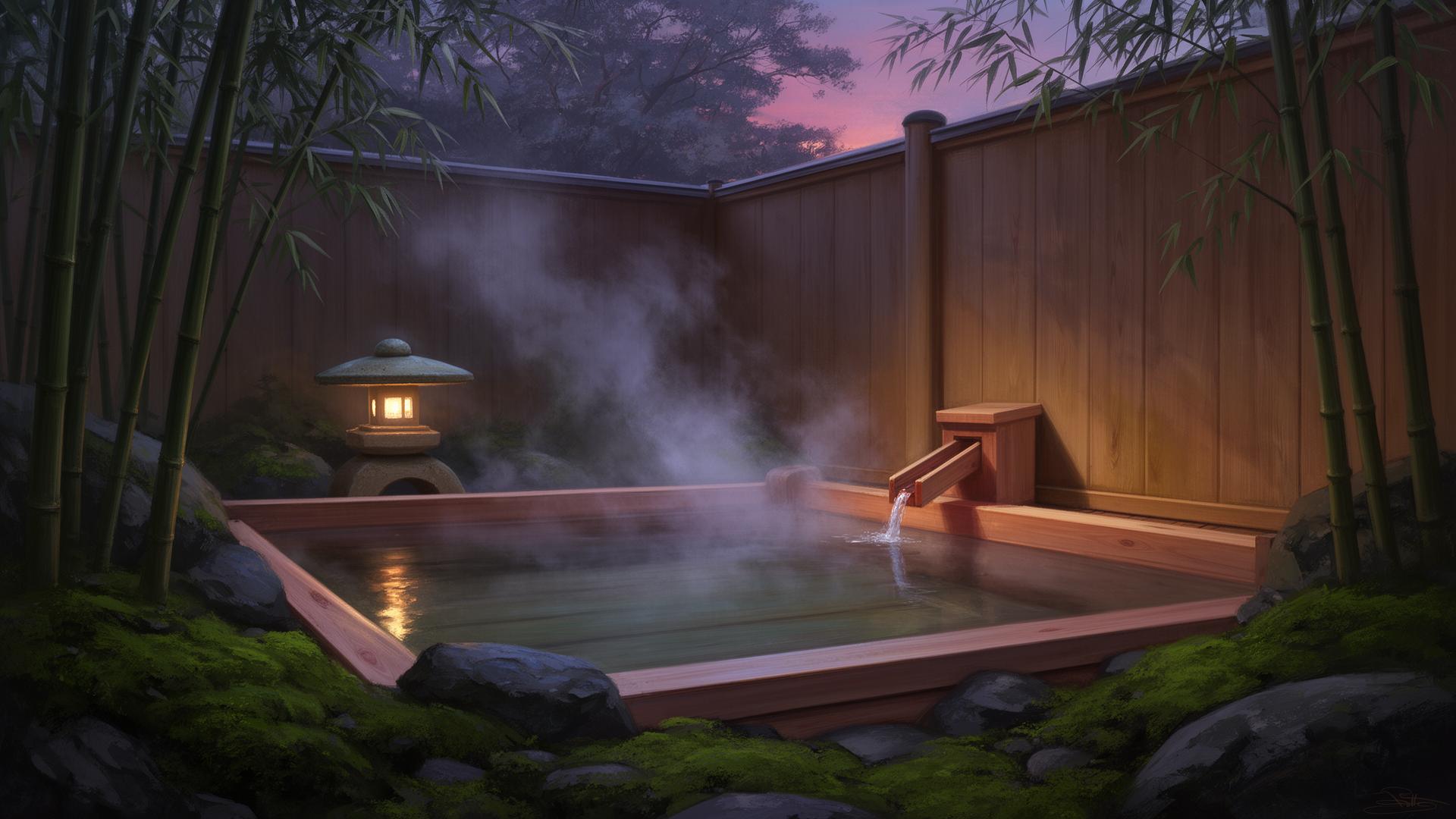 Outdoor cedar onsen at dusk