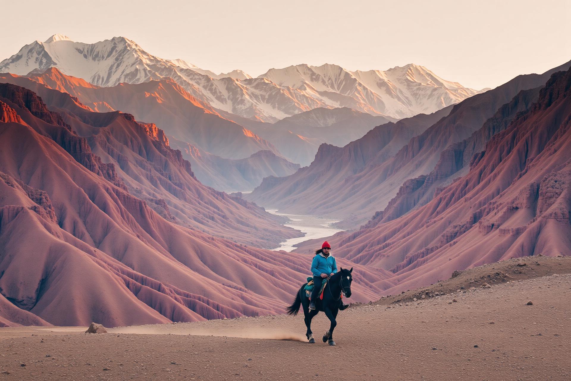 A lone rider on a Mustang pony crossing the vast red-ochre eroded canyons of the Kali Gandaki with snow-capped Annapurna peaks behind