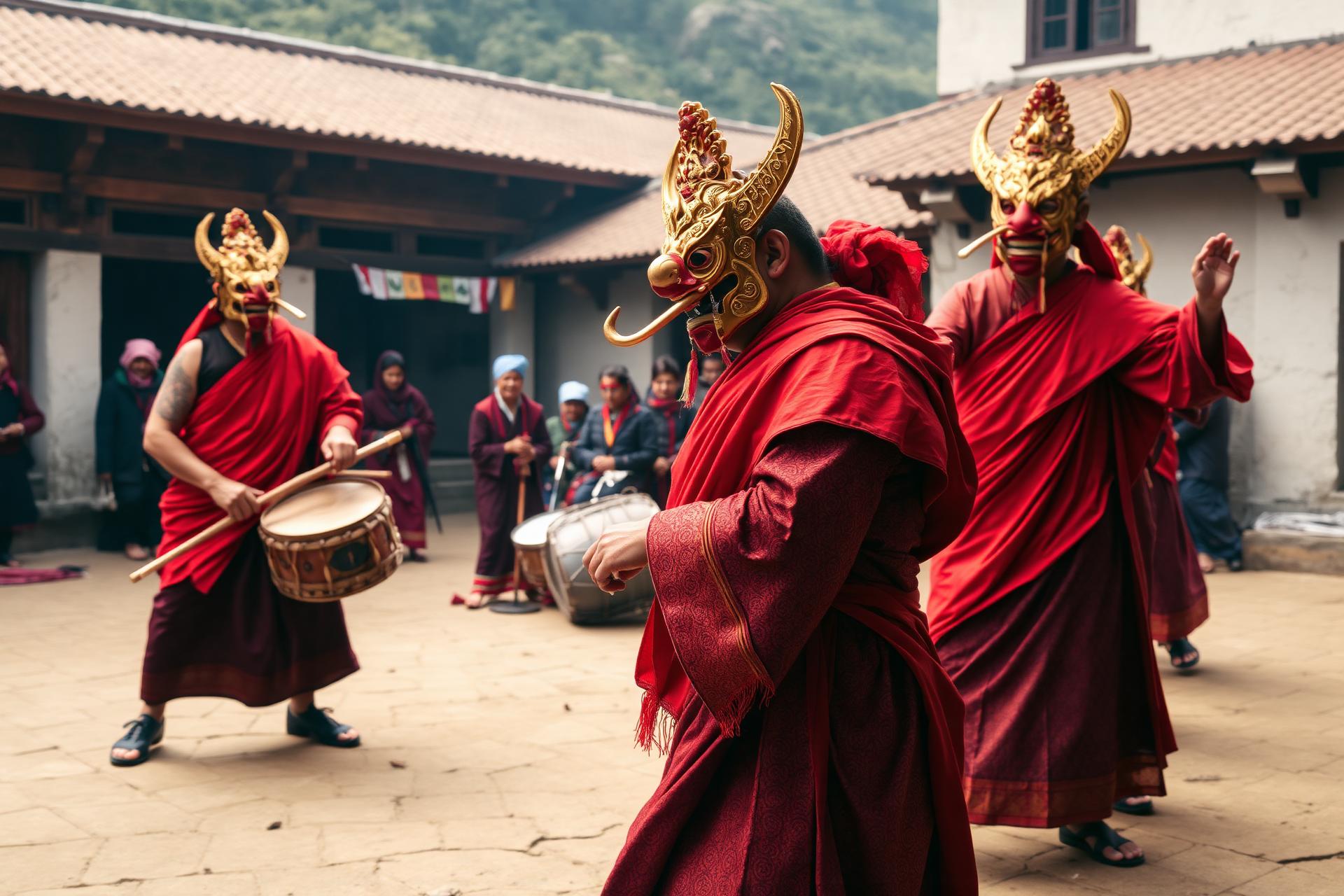 Masked Cham dancers in elaborate brocade silk robes and gilded deity masks performing in a monastery courtyard during the Tiji festival